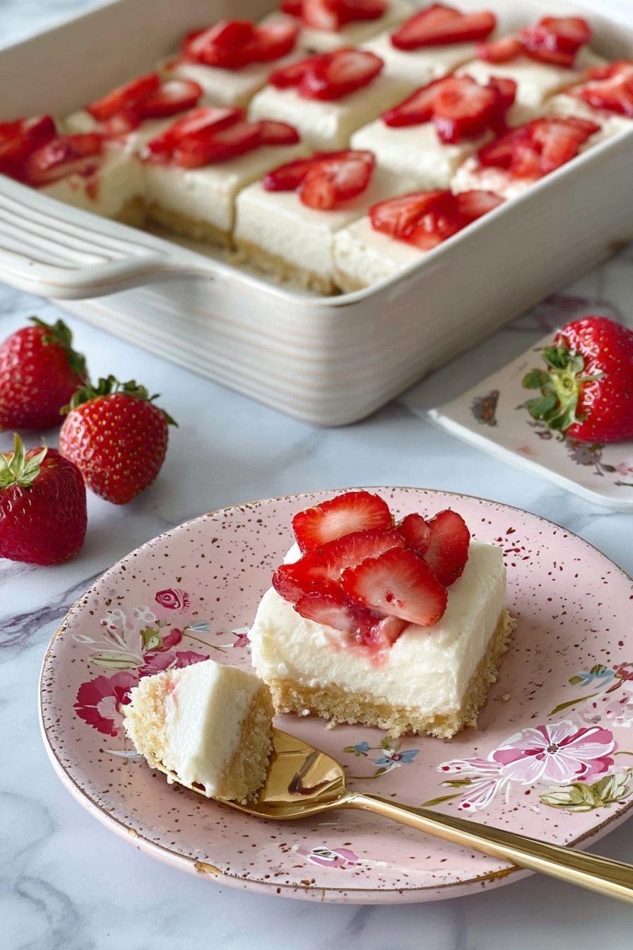 The image shows nine small square treats arranged closely on a white plate with a white marbled surface underneath. Each square has two layers: the bottom layer is a light tan crust with a slightly rough texture, and the top layer is a creamy white spread that looks soft and smooth. On top of the creamy layer, there are fresh red strawberry pieces, some halved and some quartered, placed neatly. The treats are lightly dusted with white powdered sugar, adding a soft contrast to the vibrant strawberries. A few whole strawberries with green leaves are visible at the edge of the plate. photo taken with an iphone --ar 2:3 --v 7 - Strawberry Cheesecake Slice, strawberry cheesecake dessert, easy cheesecake recipes, fruity dessert ideas, no-bake cheesecake slices