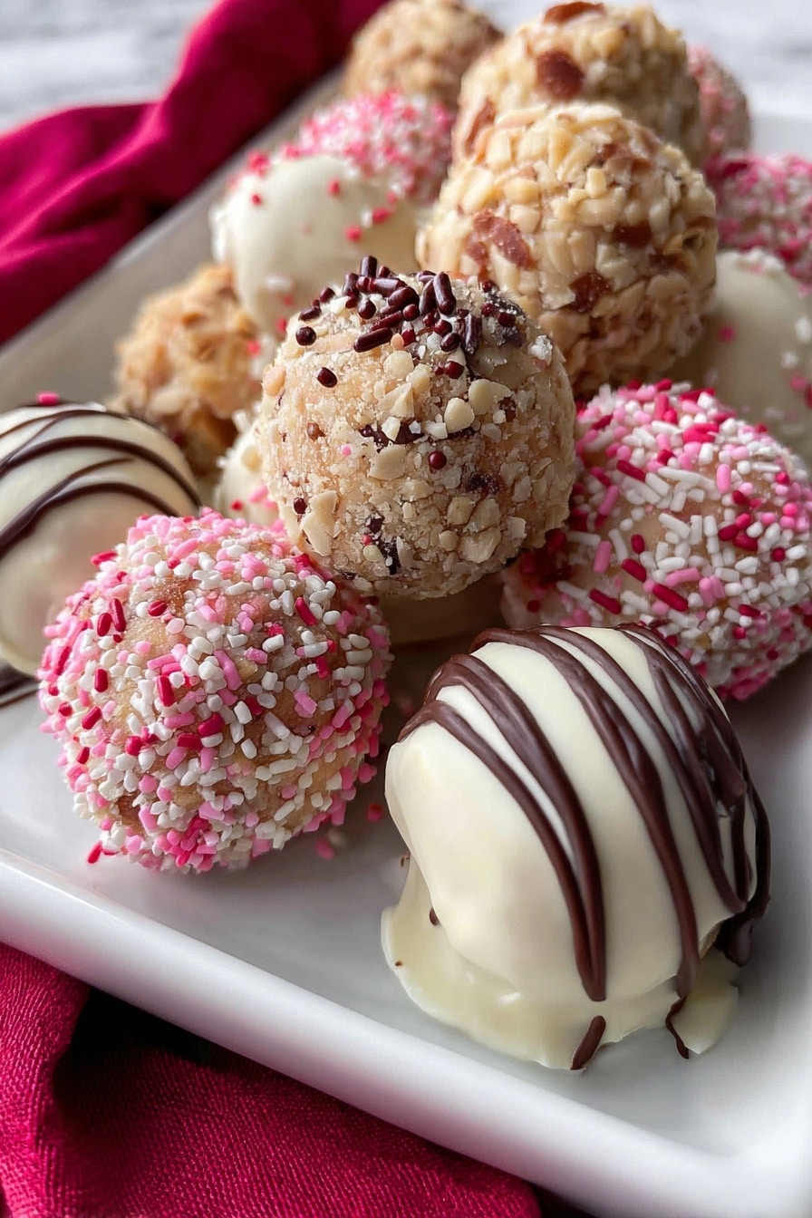 The image shows a close-up view of a white rectangular plate filled with round truffle-like sweets in different coatings. There are at least four different types: one covered in light brown nut pieces, one coated with small pink, white, and red round sprinkles, another dipped in creamy white chocolate with dark chocolate drizzle on top, and a fourth with dark brown chocolate sprinkles. The sweets are tightly placed together, showing their textured surfaces clearly. The background is a soft red fabric and the plate rests on a white marbled surface. photo taken with an iphone --ar 2:3 --v 7 - Caramilk Biscuit Truffles, Caramilk truffle recipes, quick caramel chocolate treats, easy no-bake dessert recipes, decadent chocolate truffles