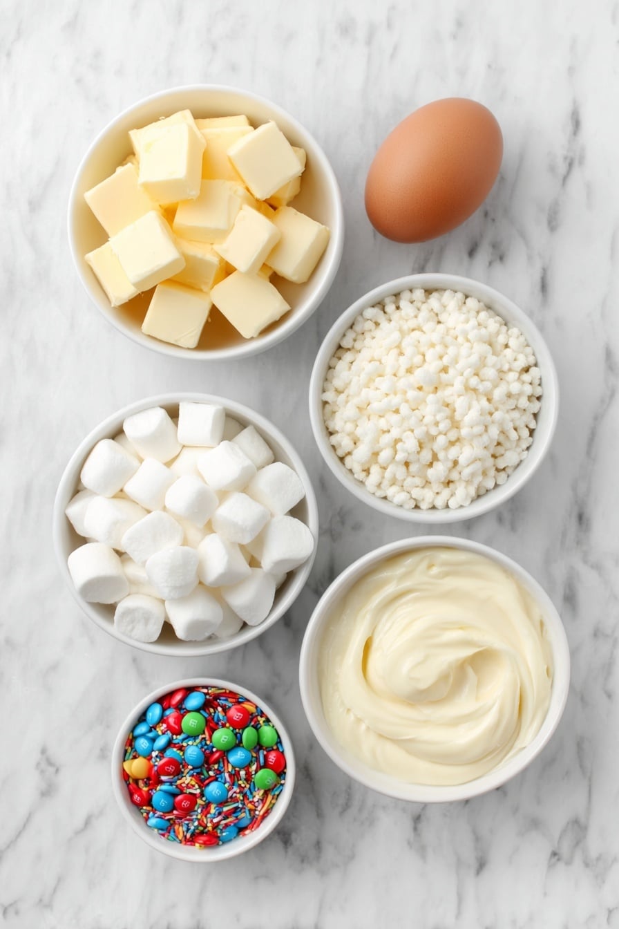 Flat lay of a small white ceramic bowl with golden yellow butter cubes, a small white ceramic bowl filled with soft white marshmallows, a single whole brown egg with a clean shell (to represent vanilla essence visually as no direct liquid was specified), a simple white ceramic bowl holding puffed white rice bubbles, a small white ceramic bowl with melted creamy white chocolate, and a small white ceramic bowl filled with colorful Christmas sprinkles and bright M&Ms, all arranged symmetrically with natural fresh appearance, placed on a clean white marble surface, soft natural light, photo taken with an iPhone, professional food photography style, fresh ingredients, white ceramic bowls, no bottles, no duplicates, no utensils, no packaging --ar 2:3 --v 7 --p m7354615311229779997 - White Christmas Marshmallow Rice Bubble Slice, holiday marshmallow rice bubble treats, festive Christmas snack, easy rice bubble dessert, no-bake holiday treats