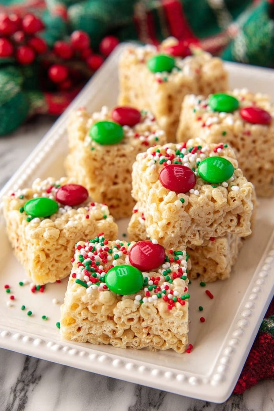 A rectangular rice crispy treat cut into 15 small rectangular pieces arranged in a 3 by 5 grid on a white marbled surface, with a layer of pale golden puffed rice held together by a glossy white coating. The top is covered with a white drizzle and decorated with green and red round candy pieces evenly spread across the surface, mixed with red, green, and white festive sprinkles including small rods, tiny balls, and snowflake shapes. The edges are uneven with extra white drizzle spilling slightly over the sides photo taken with an iphone --ar 2:3 --v 7 - White Christmas Marshmallow Rice Bubble Slice, holiday marshmallow rice bubble treats, festive Christmas snack, easy rice bubble dessert, no-bake holiday treats