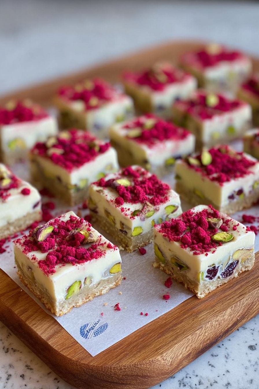 The image shows a white marbled surface with a wooden board on top. On the board, there is a sheet of white parchment paper holding 12 square dessert bars arranged in rows. Each bar has two layers: a light beige bottom layer mixed with whole green pistachio nuts and pieces of dark dried cranberries, and a smooth, creamy white top layer. The top layer is sprinkled with bright red crushed freeze-dried raspberries, adding a pop of color and texture to the bars. Photo taken with an iphone --ar 2:3 --v 7 - Cranberry Pistachio White Chocolate Slice, Cranberry Pistachio No-Bake Dessert, White Chocolate Fruit Slice, Festive Holiday Cheesebar, Easy No-Bake Cranberry Slice