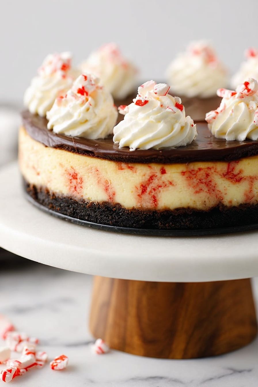 The image shows a slice of cheesecake being lifted from a whole cheesecake on a white marbled plate. The cheesecake has three visible layers: a dark crumbly base at the bottom, a thick creamy middle layer with red streaks inside, and a thin dark chocolate layer on top. On the top edge of the slice, there is a swirl of white whipped cream with small red and white candy pieces mixed in. The cheesecake and the slice are the main focus, with some crushed candy pieces scattered on the plate. The background is white with a marbled texture. photo taken with an iphone --ar 2:3 --v 7 - Peppermint Cheesecake, peppermint cheesecake recipe, holiday cheesecake, creamy peppermint dessert, festive cheesecake ideas