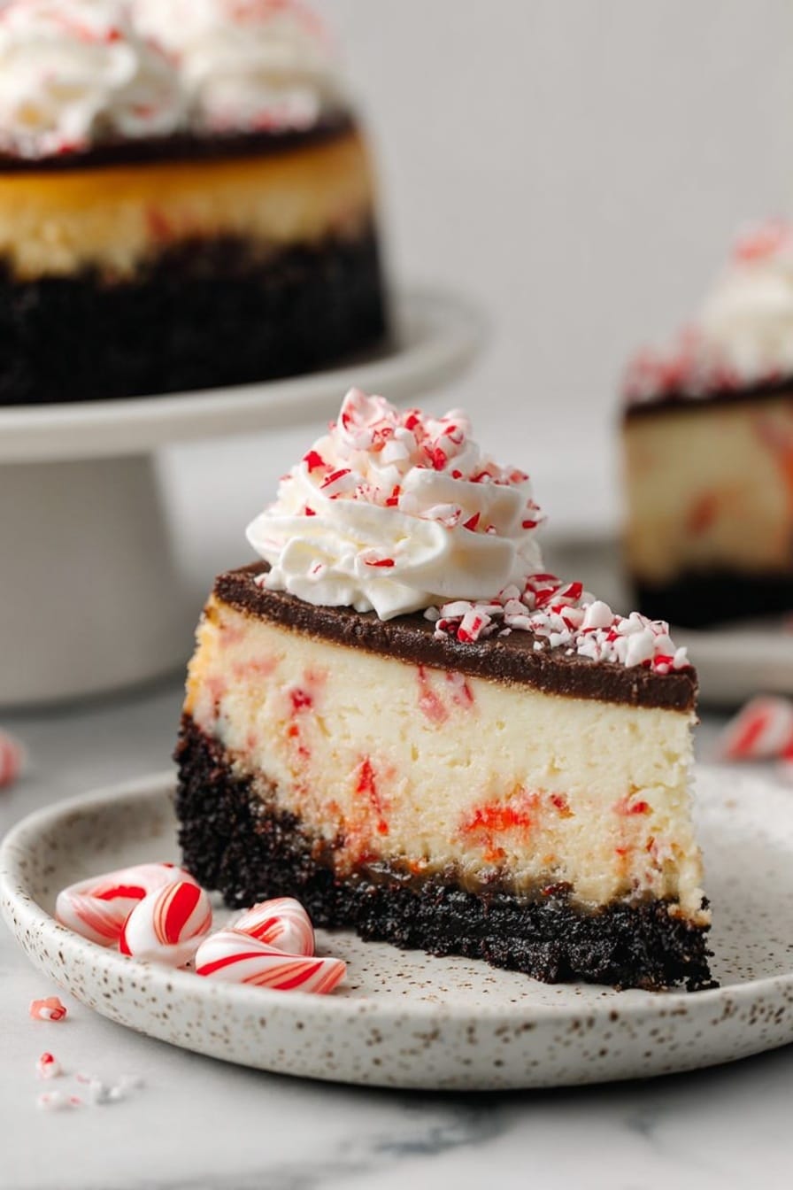 A close-up of a slice of cheesecake on a white plate with a speckled pattern, placed on a white marbled surface. The cheesecake has three visible layers: a dark brown crumbly base at the bottom, a thick creamy middle layer with bits of red sprinkled inside, and a smooth chocolate layer on top. The slice is topped with a swirl of white whipped cream with small red crumbs sprinkled over it. Around the cheesecake slice on the plate are broken pieces of red and white candy cane. In the background, there is a blurred whole cheesecake on a white marble cake stand and a part of another cheesecake slice. Photo taken with an iphone --ar 2:3 --v 7 - Peppermint Cheesecake, peppermint cheesecake recipe, holiday cheesecake, creamy peppermint dessert, festive cheesecake ideas