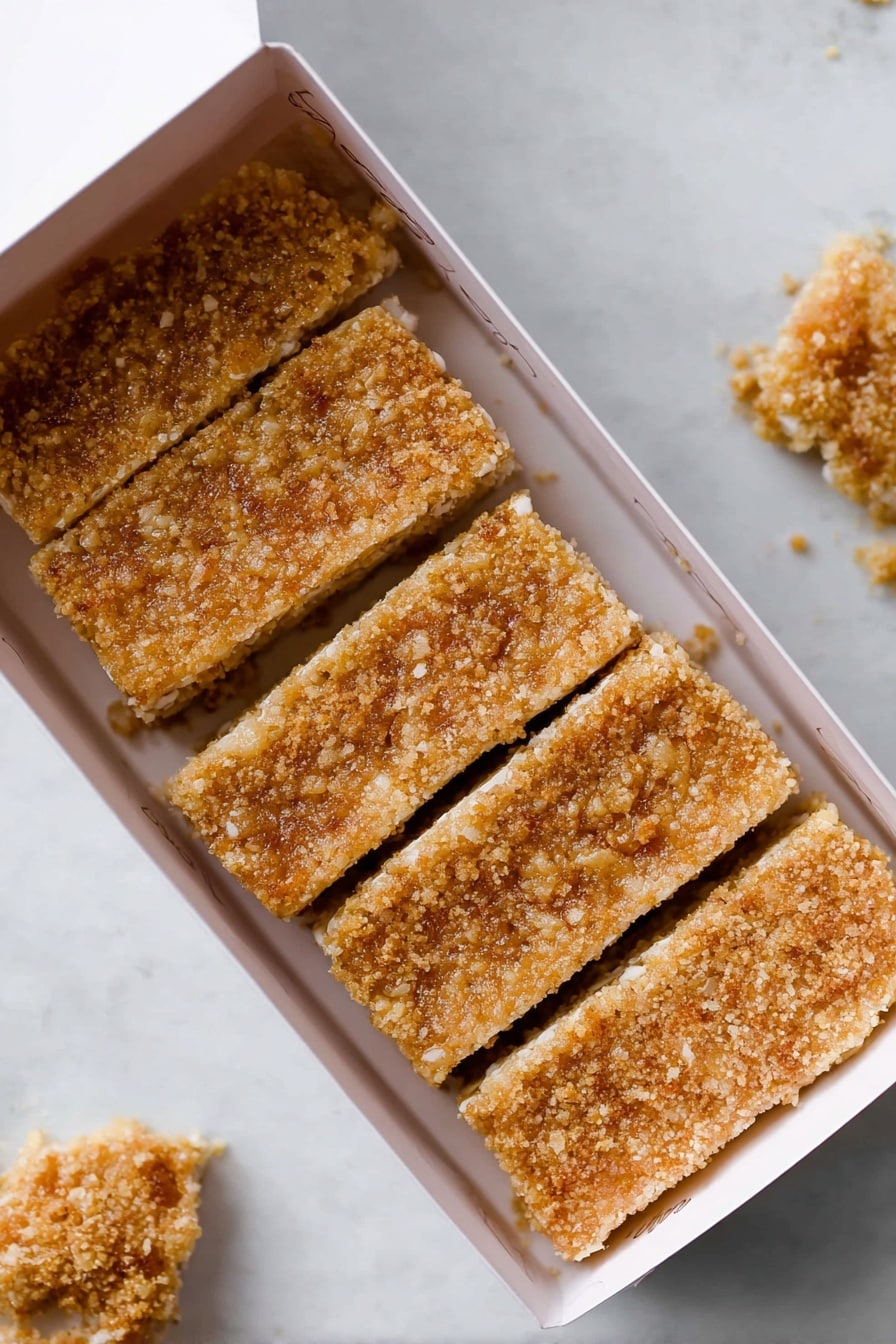 The image shows four rectangular pieces of crumbly golden brown dessert placed neatly side by side inside an open white box. Each piece has a rough, crunchy texture with an uneven sugar-coated surface that glistens slightly. The box sits on a white marbled surface with a few small crumbs scattered around and a broken piece near the bottom left corner. The light highlights the crunchy sugar crystals on top, giving the dessert a sweet and crunchy look. photo taken with an iphone --ar 2:3 --v 7 - Ted Lasso Biscuit Shortbread, easy shortbread cookies, buttery shortbread recipe, fan-favorite shortbread, tea-time biscuit ideas