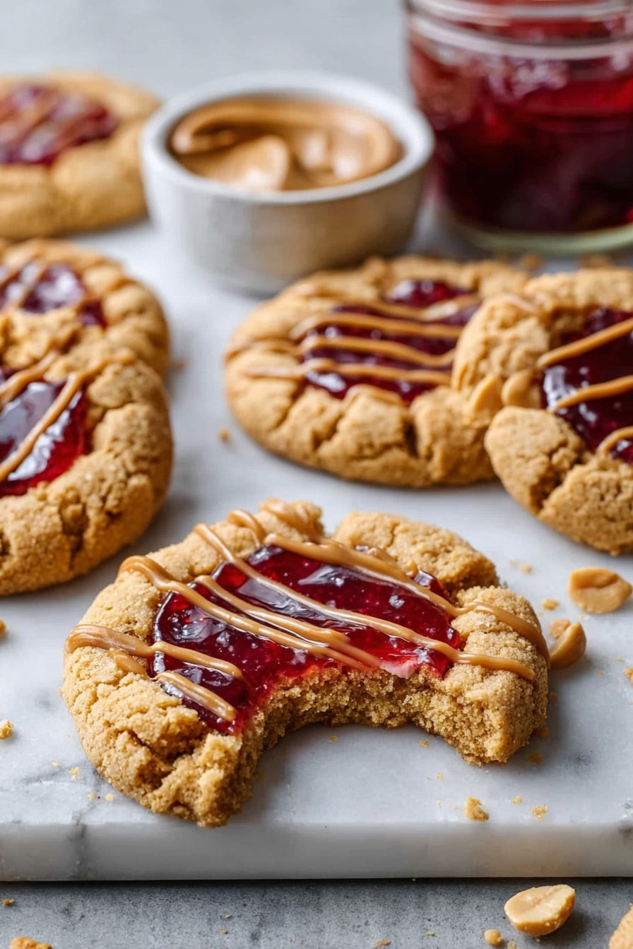 The image shows round peanut butter cookies with a soft, light brown base layer that looks crumbly and textured. Each cookie has a thick, shiny red jam layer in the center, slightly glossy and spread within a small well. Thin, uneven drizzles of light brown peanut butter sauce are spread across the top of the cookies, adding a smooth contrast to the rough cookie surface. One cookie in the front has a bite taken out showing the thick jam and peanut butter texture inside. The cookies are placed on a white marble surface, with a glass jar of dark red jam and a small bowl of peanut butter blurred in the background. Small crumbs are scattered lightly around the cookies. photo taken with an iphone --ar 2:3 --v 7 - Peanut Butter and Jelly Cookie, peanut butter and jelly cookie recipe, soft chewy cookies, nostalgic cookie recipes, easy peanut butter cookies
