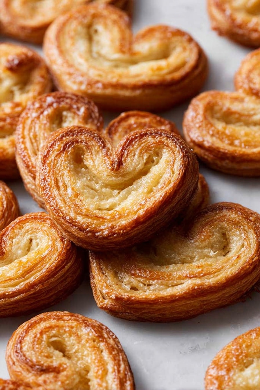 The image shows many palmier pastries arranged closely on a white marbled surface. Each palmier is golden brown with a shiny, slightly crispy texture on top and a layered, flaky interior visible on the edges. The pastries are heart-shaped with two symmetrical swirls meeting in the middle, and some have a light sprinkle of sugar that adds a slight sparkle. The color varies from light golden to a deeper brown on the edges, showing they are well baked. Photo taken with an iphone --ar 2:3 --v 7 - Easy Sugar Palmiers, sugar palmiers, puff pastry desserts, caramelized pastries, simple pastry recipes