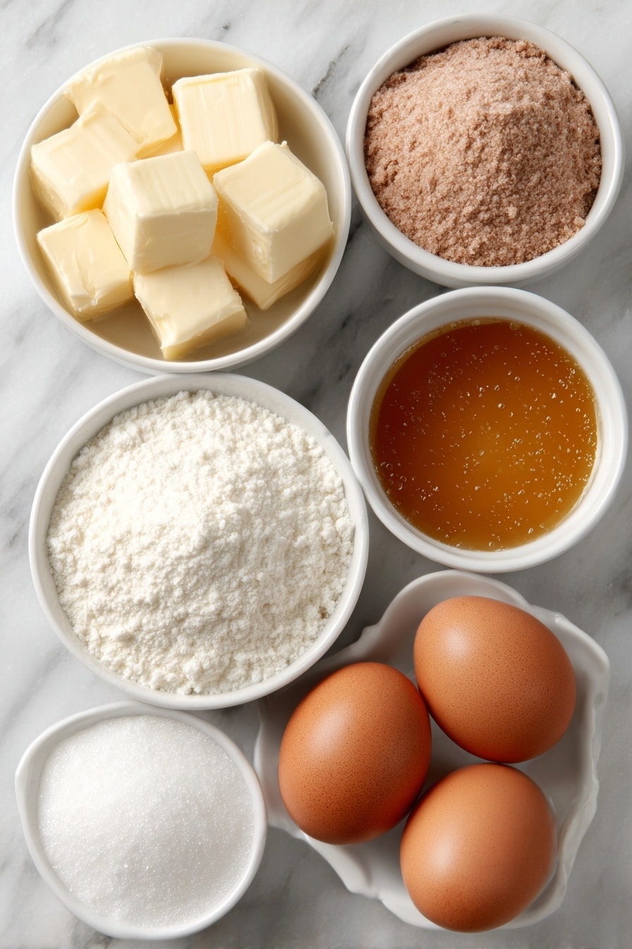 Flat lay of a small mound of bright pink strawberry cake mix powder, a small white ceramic bowl with melted golden salted butter, two large whole brown eggs with clean shells, a small white ceramic bowl filled with white granulated sugar, and a small white ceramic bowl filled with fine white powdered sugar, all arranged in perfect symmetry on a clean white marble surface, soft natural light, photo taken with an iPhone, professional food photography style, fresh ingredients, white ceramic bowls, no bottles, no duplicates, no utensils, no packaging --ar 2:3 --v 7 --p m7354615311229779997 - Strawberry Crinkle Cookies, strawberry cookie recipe, easy strawberry cookies, no-bake strawberry treats, soft chewy strawberry cookies