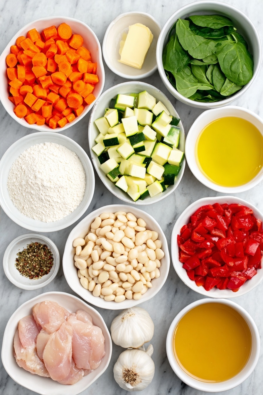 Flat lay of a small white ceramic bowl of golden olive oil, a small white ceramic bowl with creamy butter, half a medium onion diced near two whole uncracked garlic bulbs, a neat pile of chopped bright orange carrots, chopped pale green celery stalks, chunks of fresh green zucchini, a handful of chopped sweet red bell pepper, a small white ceramic bowl with white all-purpose flour, a small white ceramic bowl filled with rich golden chicken broth, a small white ceramic bowl with mixed Italian seasoning herbs, a small white ceramic bowl with crushed red pepper flakes, a small white ceramic bowl with shiny white cannellini beans, a small white ceramic bowl with vibrant diced red tomatoes, chopped cooked white chicken breast pieces, chopped fresh dark green spinach leaves, a small white ceramic bowl with amber cider vinegar, fresh green parsley sprigs, and a small mound of grated pale yellow Parmesan cheese, all arranged in perfect symmetry on a clean white marble surface, soft natural light, photo taken with an iPhone, professional food photography style, fresh ingredients, white ceramic bowls, no bottles, no duplicates, no utensils, no packaging --ar 2:3 --v 7 --p m7354615311229779997 - Tuscan Chicken Vegetable Stew, Tuscan Chicken Stew, hearty chicken vegetable stew, Italian chicken stew, healthy chicken vegetable soup