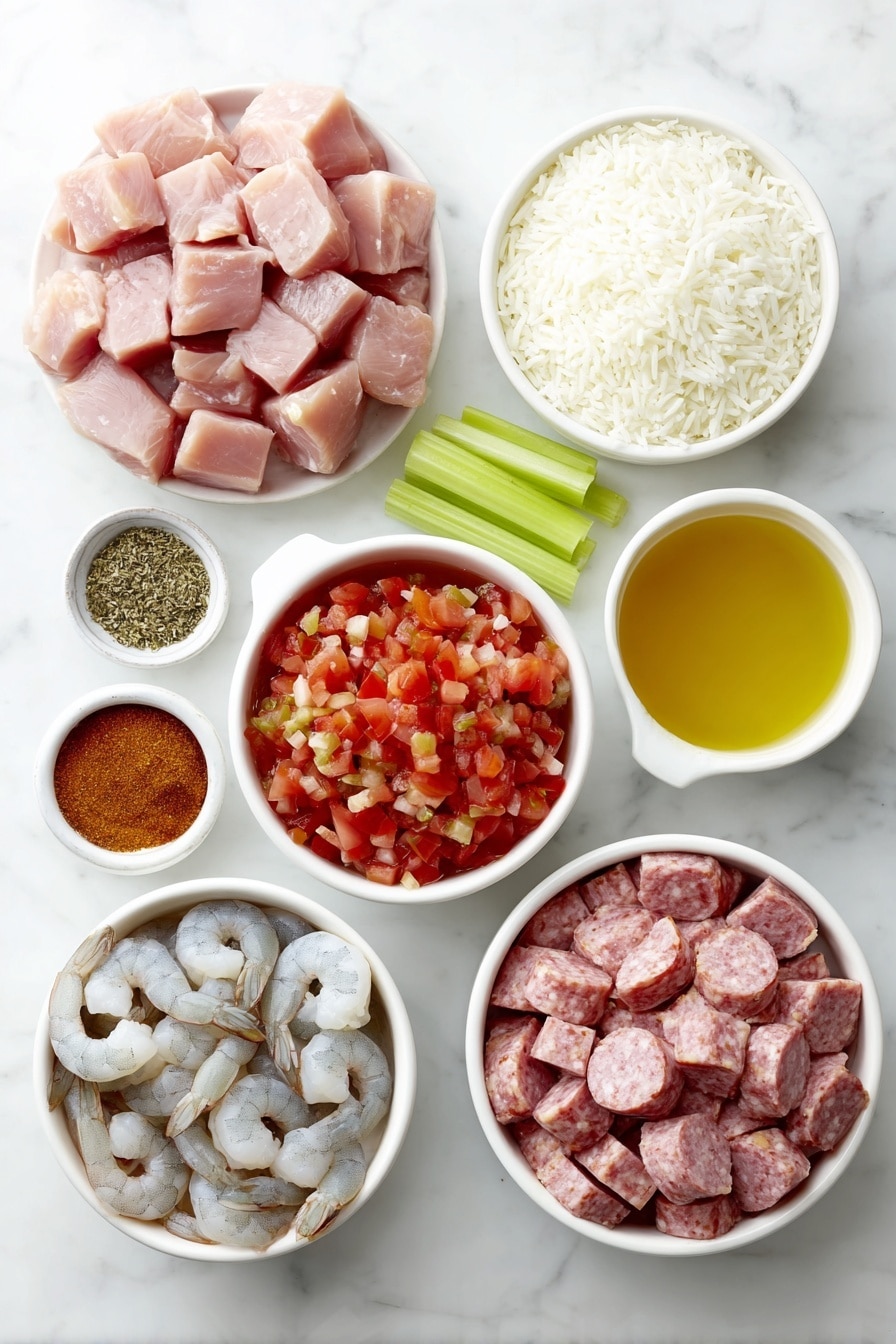 Flat lay of cubed raw chicken breasts, sliced raw andouille sausage, a small white bowl of diced fresh tomatoes, a large chopped white onion, two stalks of thinly sliced celery, one finely chopped red bell pepper, a small white bowl of chicken broth, a small white bowl of tomato paste, small piles of dried thyme, dried oregano, Cajun seasoning, and cayenne pepper, uncooked long-grain white rice, raw peeled shrimp arranged neatly, all placed in simple white ceramic bowls or directly on the white surface, perfect symmetry and balanced layout, placed on a clean white marble surface, soft natural light, photo taken with an iPhone, professional food photography style, fresh ingredients, white ceramic bowls, no bottles, no duplicates, no utensils, no packaging --ar 2:3 --v 7 --p m7354615311229779997 - Slow Cooker Cajun Jambalaya, Cajun Jambalaya Recipe, Easy Cajun Jambalaya, Crockpot Cajun Dish, Spicy Cajun Rice and Seafood