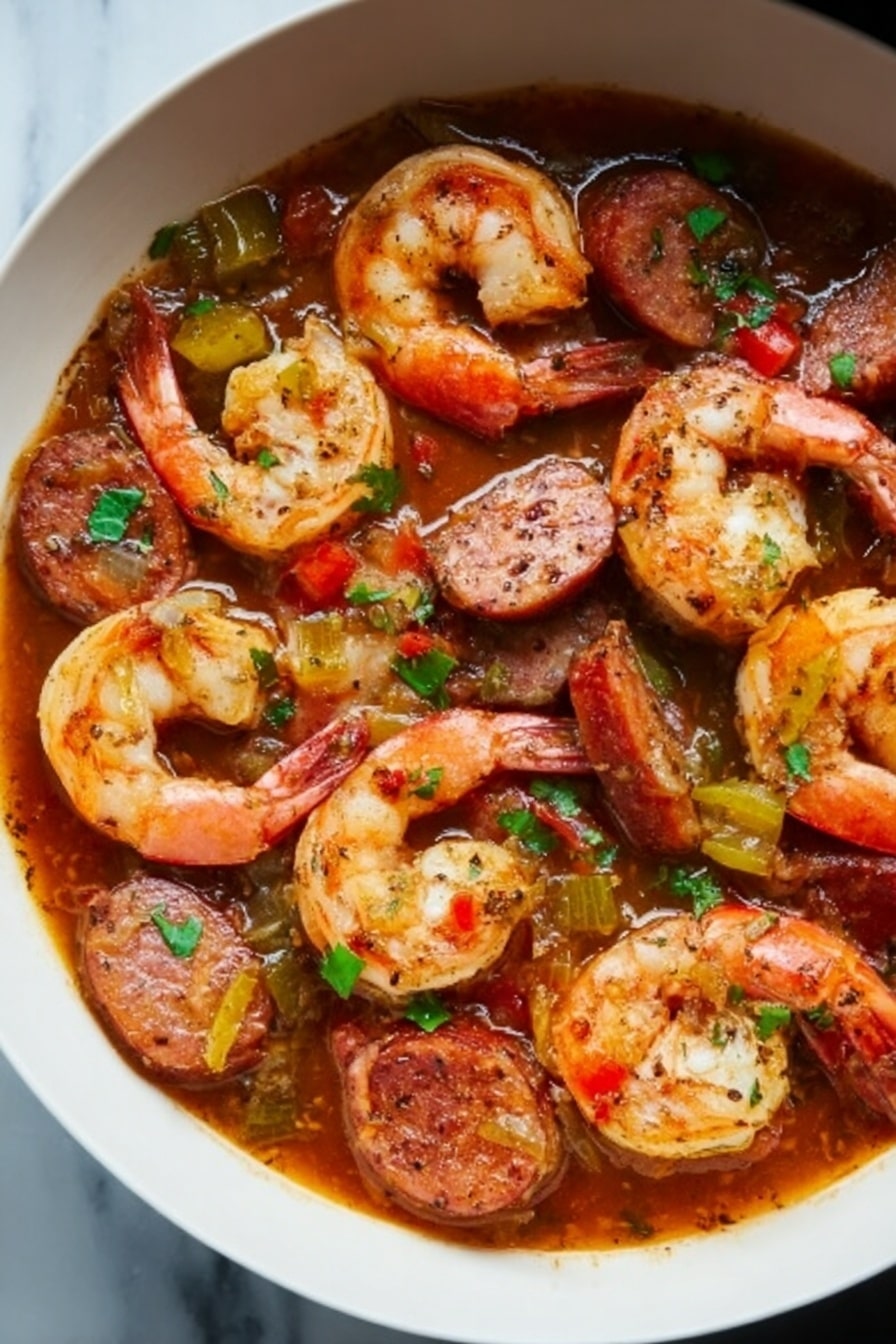 The image shows a white bowl filled with cooked shrimp and sliced sausage in a rich, reddish-brown sauce. The shrimp are large, pinkish-orange with a slightly shiny texture, and scattered evenly throughout the dish. The sausage slices are brown with a slightly crispy surface, mixed among the shrimp. There are small green pieces of herbs and diced vegetables spread over the top, adding spots of green and yellow. The sauce has a smooth, oily texture and fills the spaces around the shrimp and sausage. The bowl is placed on a white marbled surface. Photo taken with an iphone --ar 2:3 --v 7 - Slow Cooker Cajun Jambalaya, Cajun Jambalaya Recipe, Easy Cajun Jambalaya, Crockpot Cajun Dish, Spicy Cajun Rice and Seafood