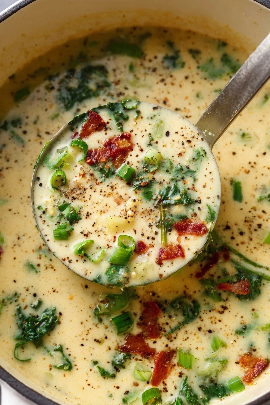 A white pot filled with creamy, thick soup showing a pale yellow base layer speckled by small green pieces of kale and scallions, plus tiny bits of reddish crispy bacon spread evenly across the surface, topped with a generous sprinkling of black pepper and crushed red pepper flakes; the soup appears smooth and rich with a few textured bits of vegetables visible. The background is a white marbled texture. photo taken with an iphone --ar 2:3 --v 7 - Colcannon Soup with Potatoes and Kale, Irish comfort food recipes, hearty vegetable soup, healthy potato soup ideas, easy homemade Irish soup
