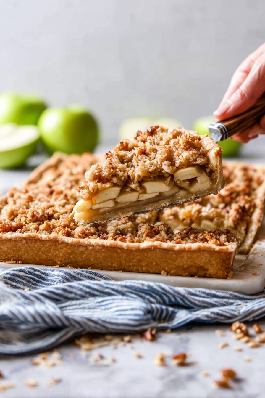 A square pie with a light golden crust forms the base layer, filled with a crumbly, brown streusel topping that covers the whole surface. A shiny, smooth caramel sauce is being poured slowly over the streusel from a silver whisk held by a woman's hand with gray nail polish. Behind the pie are two green apples—one whole and one sliced in half—placed on a white marbled surface along with a gray and white striped cloth on the lower right side. The scene is bright with soft natural light, emphasizing the textures of the crust, streusel, and caramel sauce dripping slightly down the edge of the pie dish photo taken with an iphone --ar 2:3 --v 7 - Caramel Apple Slab Pie, apple slab pie, caramel apple dessert, easy sheet pan pie, fall apple pie recipe