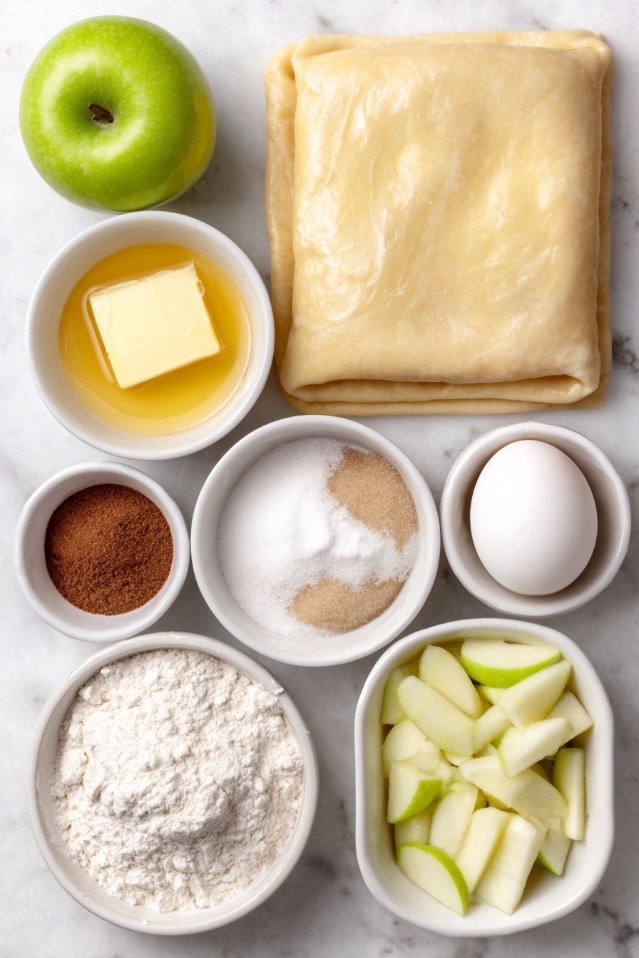 Flat lay of a sheet of golden puff pastry dough folded gently, a few peeled and diced bright green Granny Smith apples, a small white bowl of melted golden unsalted butter, a small white bowl of granulated white sugar, a small white bowl of cornstarch powder, a small white bowl of warm cinnamon powder, a small white bowl of nutmeg powder, a pinch of salt in a tiny white dish, a small white bowl with light brown packed brown sugar, a small white bowl of all-purpose white flour, one large smooth whole egg with a clean shell, a small white bowl of clear water, a small white bowl of fine powdered sugar, a small white bowl of heavy cream with a creamy texture, and a small white bowl of vanilla extract placed on a clean white marble surface, soft natural light, photo taken with an iPhone, professional food photography style, fresh ingredients, white ceramic bowls, no bottles, no duplicates, no utensils, no packaging --ar 2:3 --v 7 --p m7354615311229779997 - Apple Danish Pastry with Cinnamon Crumb, flaky apple pastry, cinnamon apple dessert, breakfast Danish pastry, easy apple pastry recipe