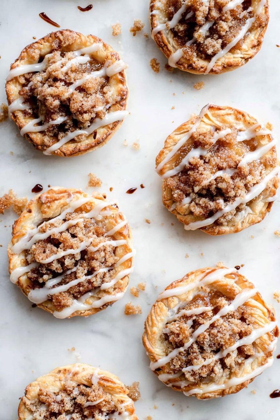 A close-up of a woman's hand holding a small pastry with a golden brown crust that looks soft and flaky. The top layer has a crumbly streusel topping with uneven, small clusters in light brown color. Some white glaze is drizzled over the streusel, adding a shiny texture. The background shows a white marbled surface with more pastries blurred in the distance. photo taken with an iphone --ar 2:3 --v 7 - Apple Danish Pastry with Cinnamon Crumb, flaky apple pastry, cinnamon apple dessert, breakfast Danish pastry, easy apple pastry recipe