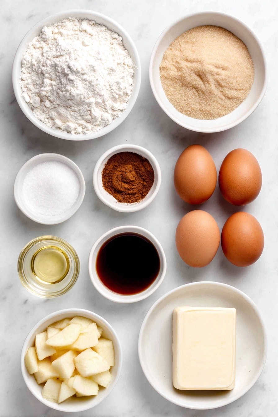 Flat lay of a small mound of all-purpose flour, a small white bowl of granulated sugar, a small white bowl of packed light brown sugar, a small white bowl with ground cinnamon, a smaller white bowl with ground nutmeg, a small white bowl with baking soda, a small white bowl with baking powder, a small white bowl with salt, four large whole brown eggs, a small white bowl filled with golden oil, a small white bowl of clear vanilla extract, a small white bowl of peeled chopped fresh apples, a small white bowl of amber apple cider, a small white bowl with a pat of salted butter, a small white bowl of powdered sugar, and a smaller white bowl with clear vanilla extract, all arranged symmetrically and evenly spaced in perfect balance, placed on a clean white marble surface, soft natural light, photo taken with an iPhone, professional food photography style, fresh ingredients, white ceramic bowls, no bottles, no duplicates, no utensils, no packaging --ar 2:3 --v 7 --p m7354615311229779997 - Apple Bread with Cider Glaze, apple bread recipe, spiced apple bread, fall apple bread, apple loaf with cider glaze