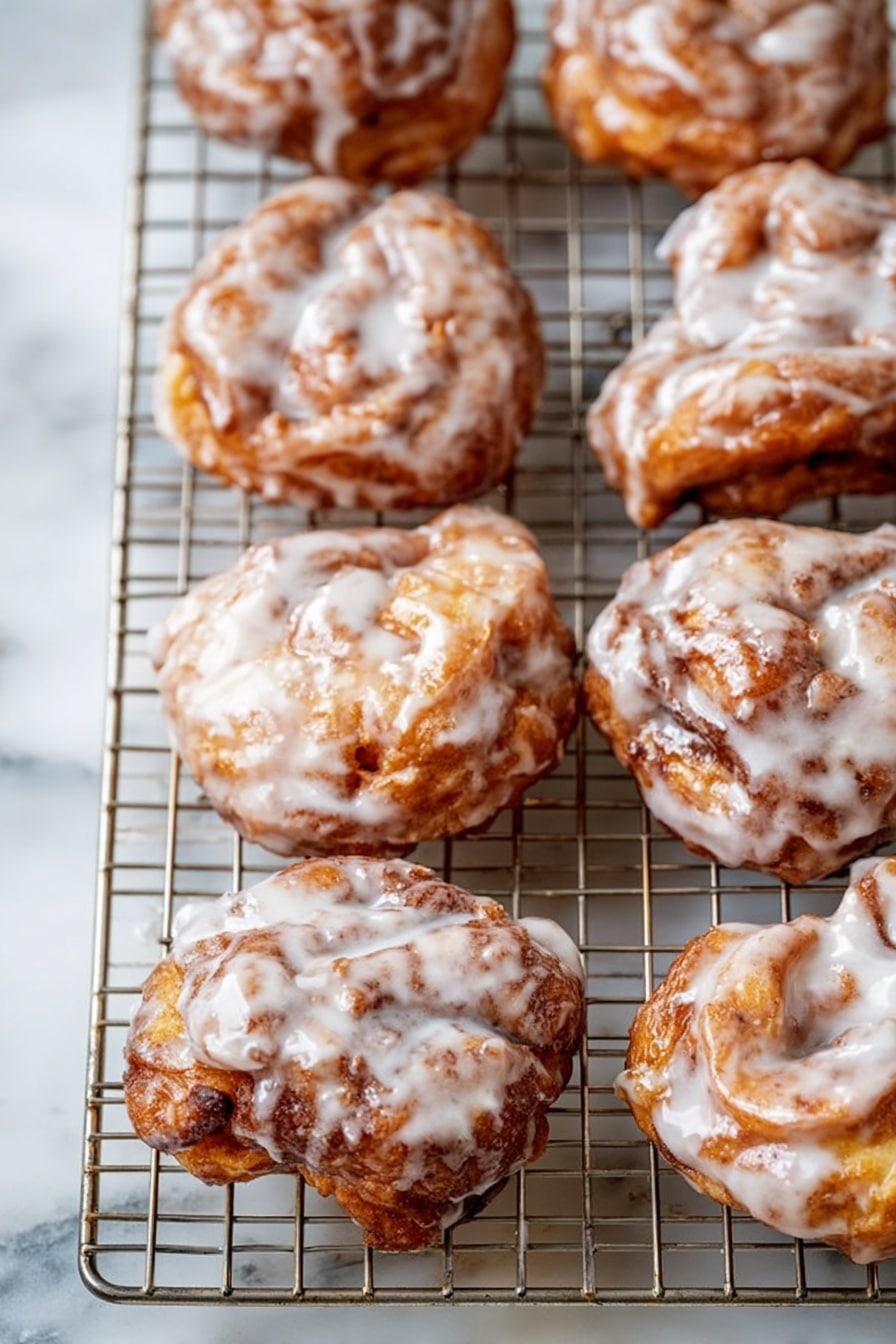 The image shows several irregular-shaped cinnamon rolls with a thick glaze on top, arranged on a silver cooling rack. The cinnamon rolls have a golden-brown color with darker cinnamon swirls visible beneath the shiny white glaze that covers the tops unevenly. Each roll has a slightly rough and varied texture with some edges more browned, giving them a homemade look. The cooling rack sits on a white marbled surface with soft natural light enhancing the glossy icing and the warm tones of the rolls. photo taken with an iphone --ar 2:3 --v 7 - Homemade Apple Fritters with Cinnamon Glaze, apple fritters, cinnamon glaze recipe, easy apple fritter recipe, homemade fried apple treats
