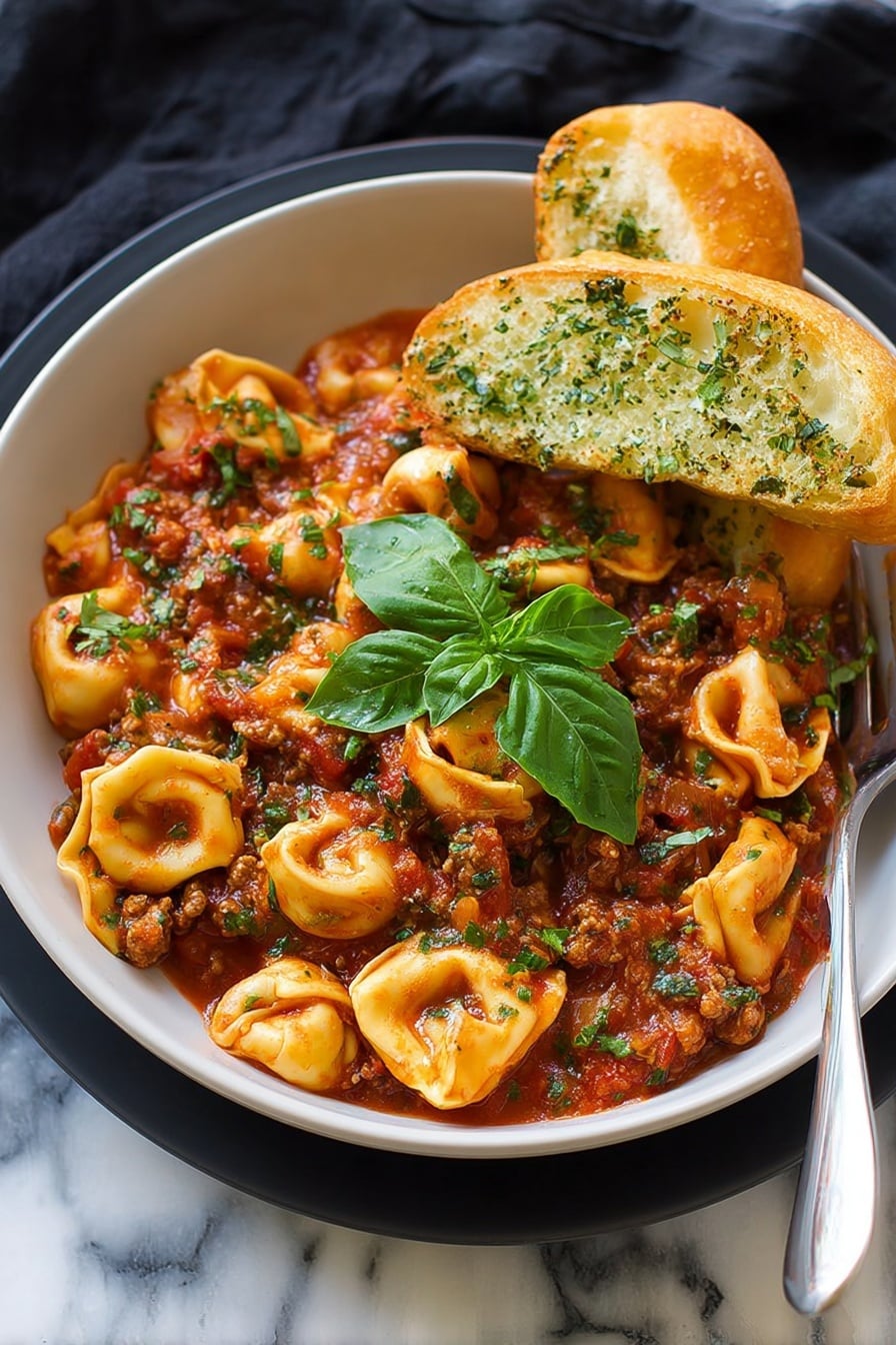A close-up view of a skillet filled with tortellini pasta mixed with a rich red tomato sauce, chunks of cooked ground meat, and fresh green spinach leaves throughout. The tortellini are creamy yellow and round with folded edges, coated evenly in the sauce. Small pieces of diced tomato add extra red color, and a fresh green basil sprig is placed in the center on top of the pasta. The skillet is black, and the background is a white marbled surface. photo taken with an iphone --ar 2:3 --v 7 - One-Pan Turkey Sausage and Spinach Tortellini, Turkey Sausage Tortellini Skillet, Easy Turkey Sausage Pasta, Cheeseburger Spinach Tortellini, Quick Weeknight Pasta