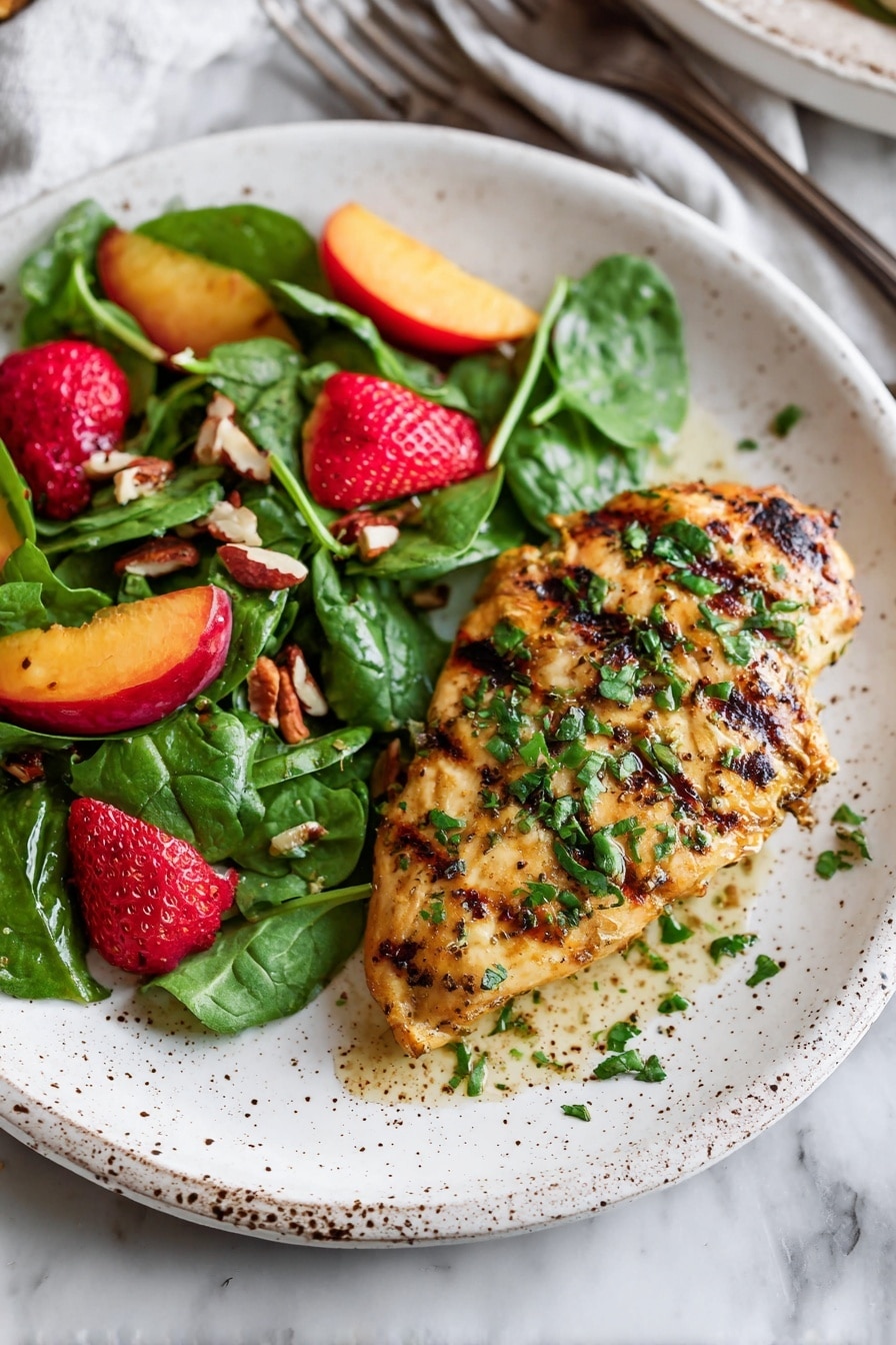 A white plate with brown speckles holds a grilled golden brown piece of chicken with visible char marks, topped with finely chopped green herbs. Next to the chicken is a fresh salad made of bright green spinach leaves, red strawberry slices, orange peach slices, and small brown nut pieces scattered over. A light shine on the salad shows a dressing with small black seeds. A silver fork and knife with dark handles rest on a gray striped cloth on a white marbled surface. Photo taken with an iphone --ar 2:3 --v 7 - Garlic Dijon Grilled Chicken, Grilled Chicken Recipes, Easy Weeknight Chicken Dinner, Juicy Chicken Marinade, Healthy Grilled Chicken