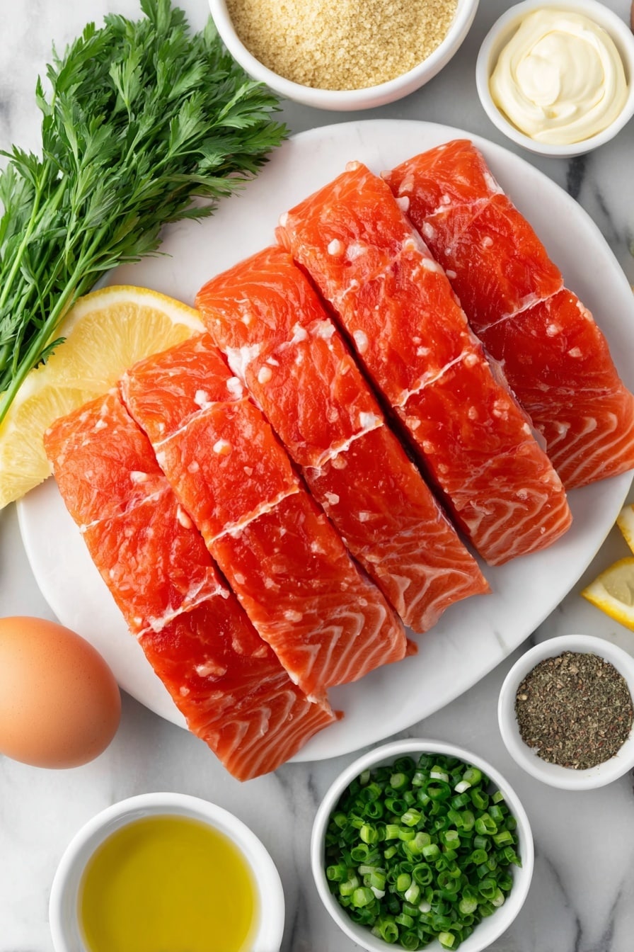 Flat lay of fresh skinless salmon chunks, a small white ceramic bowl of panko bread crumbs, a few sprigs of minced fresh parsley, chopped green onions in a small pile, one peeled garlic clove, a small white ceramic bowl of creamy mayonnaise, lemon zest sprinkled beside bright lemon wedges, a small white ceramic bowl of smooth Dijon mustard, a small white ceramic bowl of Old Bay seasoning powder, one whole uncracked brown egg, a small white ceramic bowl of golden olive oil, salt and freshly ground black pepper in small neat piles, all ingredients arranged symmetrically in perfect proportion on a simple white ceramic surface, placed on a clean white marble surface, soft natural light, photo taken with an iPhone, professional food photography style, fresh ingredients, white ceramic bowls, no bottles, no duplicates, no utensils, no packaging --ar 2:3 --v 7 --p m7354615311229779997 - Easy Salmon Patties with Lemon, salmon patties, lemon salmon recipes, quick seafood recipes, healthy salmon patties