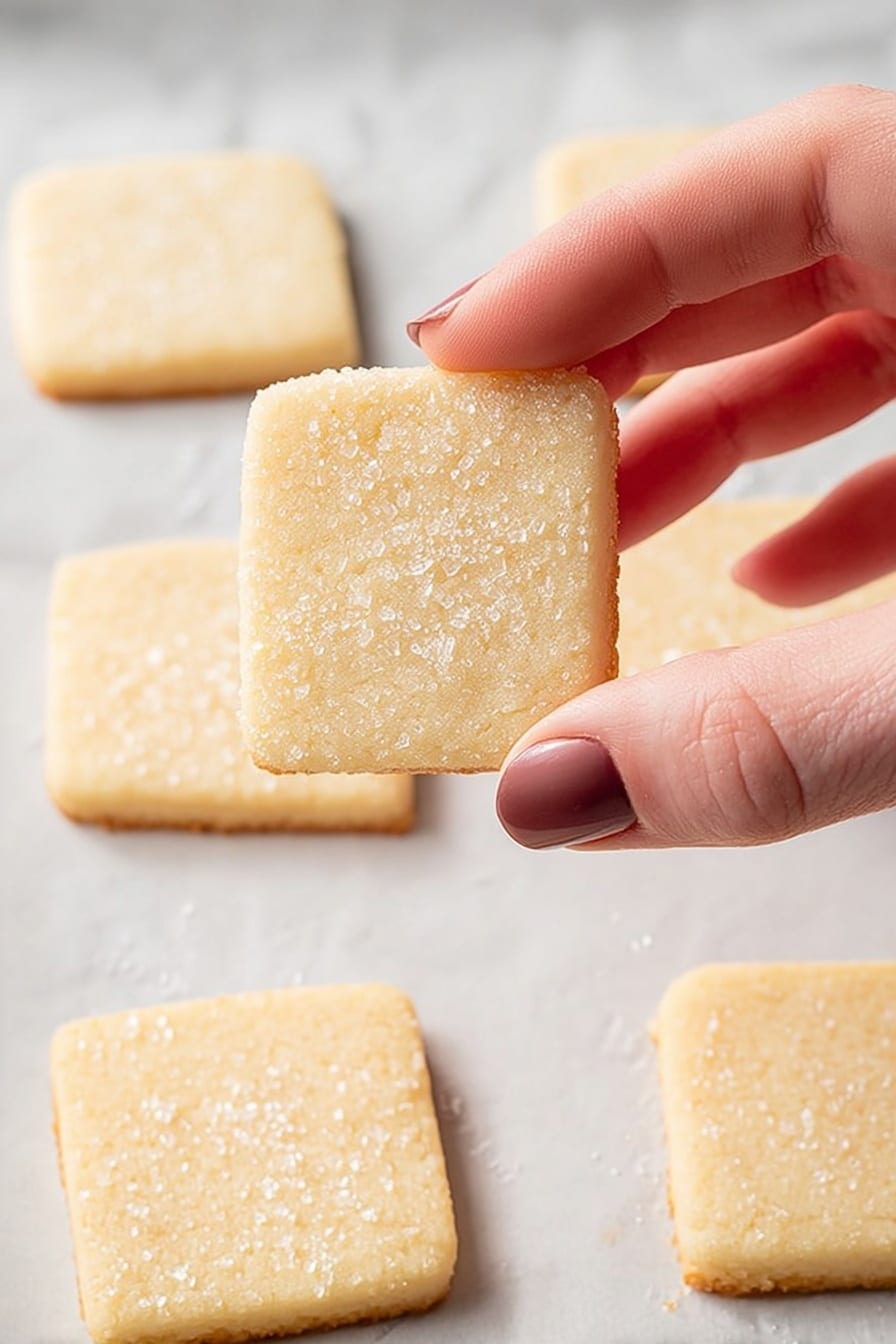 A round white plate is filled with a single layer of about twelve golden square cookies, each with soft edges and a smooth surface lightly sprinkled with sugar crystals that add sparkle. The cookies are closely placed, some edges slightly overlapping, on a white marbled surface scattered with more sugar crystals. In the top right corner, a small white bowl, filled with sugar, is partially visible. The scene is bright and clear, highlighting the cookie texture and sugar sparkle photo taken with an iphone --ar 2:3 --v 7 - Buttery Shortbread Cookies, Shortbread Cookies Recipe, Easy Shortbread Cookies, Classic Shortbread Cookies, Homemade Shortbread Cookies