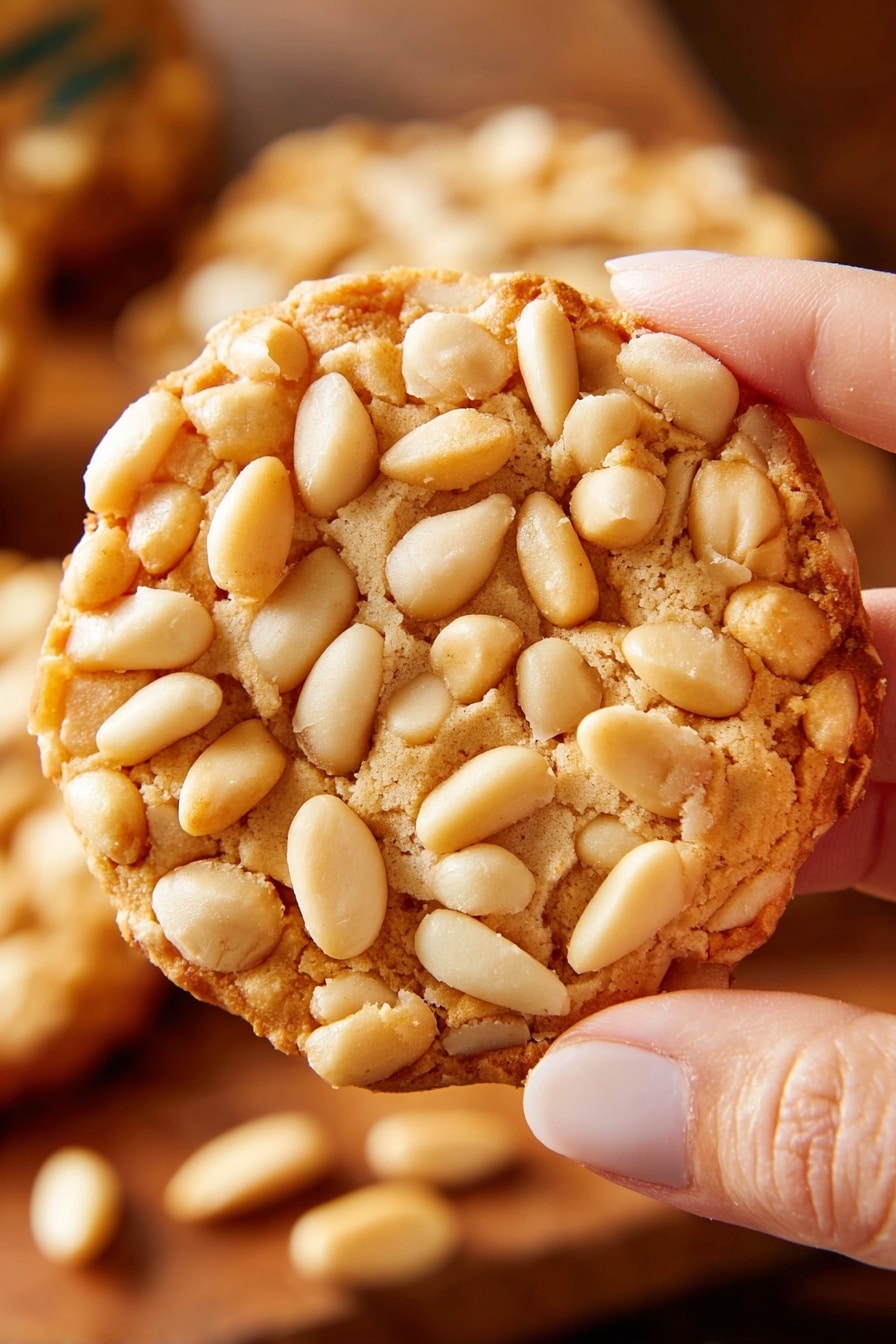A close-up of a round cookie held between a woman's thumb and forefinger, showing a rough, light brown cookie base covered with many whole, light beige pine nuts scattered thickly on top, giving the surface a textured, uneven look; the background features more cookies lying on a wooden surface blurred out in warm tones. Photo taken with an iphone --ar 2:3 --v 7 - Pine Nut Almond Pignoli Cookies, easy pignoli cookie recipe, Italian pine nut cookies, chewy almond cookies, holiday cookie recipes