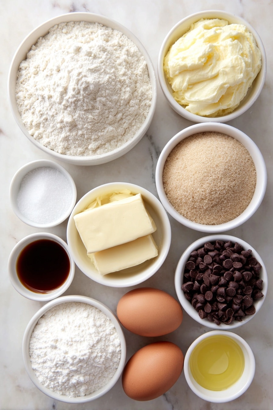 Flat lay of a small mound of all-purpose flour, a small white ceramic bowl with baking soda, a small white ceramic bowl with kosher salt, a small white ceramic bowl with espresso powder, two whole brown eggs with clean shells, a small white ceramic bowl of melted unsalted butter, a small white ceramic bowl holding packed light brown sugar, a small white ceramic bowl with granulated sugar, a small white ceramic bowl of golden vanilla extract, and a small white ceramic bowl filled with mini chocolate chips, all arranged in perfect symmetry on a clean white marble surface, soft natural light, photo taken with an iPhone, professional food photography style, fresh ingredients, white ceramic bowls, no bottles, no duplicates, no utensils, no packaging --ar 2:3 --v 7 --p m7354615311229779997 - Homemade Cookie Cereal, cookie cereal recipe, breakfast cereal hack, easy cookie cereal, homemade breakfast ideas