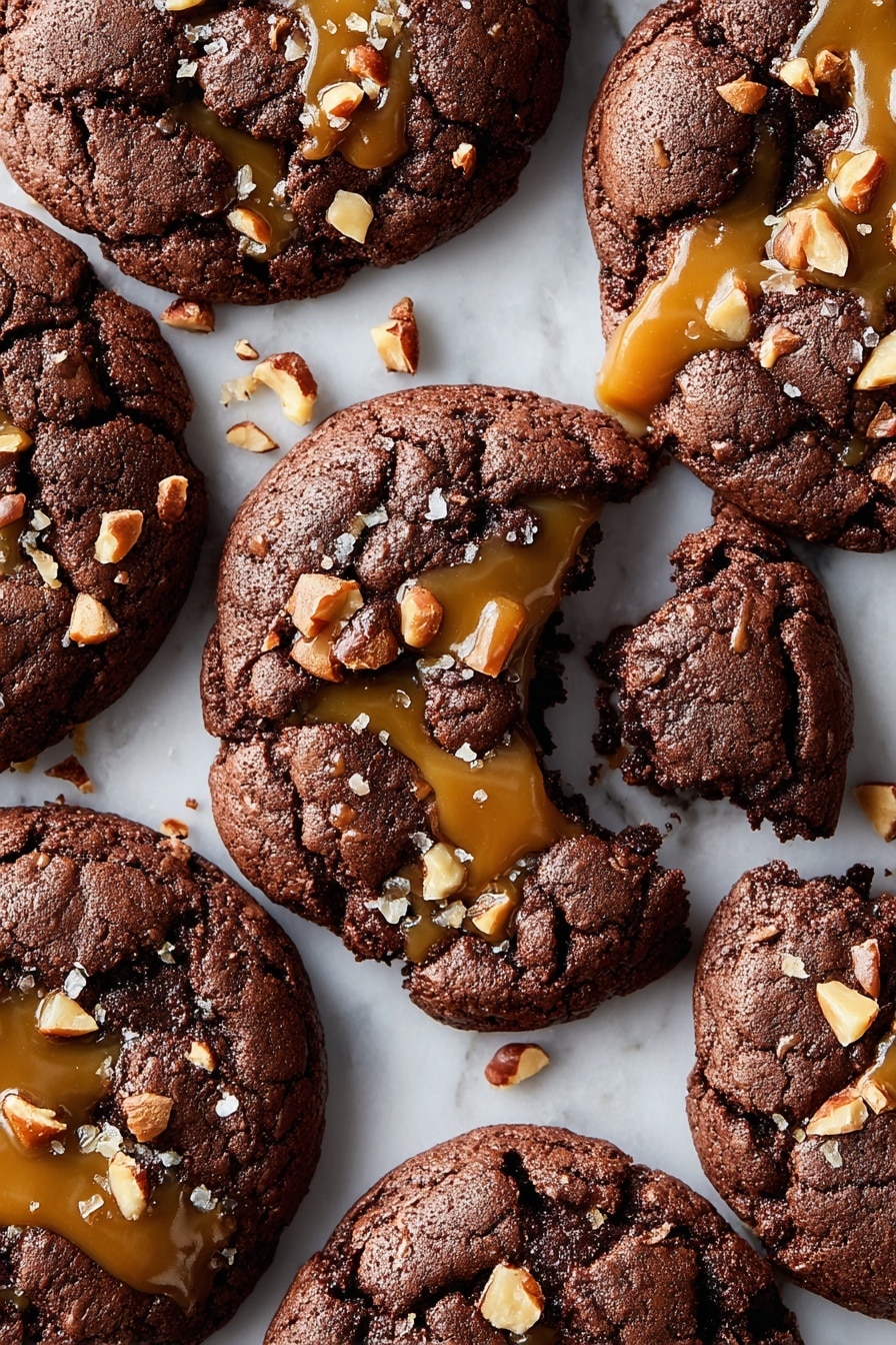 The image shows a pile of round chocolate cookies on a white marbled surface. Each cookie is dark brown with a cracked, soft texture. On top of the cookies, there are swirls of smooth caramel in an orange-brown color. Small pieces of chopped nuts, light brown and cream in color, are scattered over the caramel and the cookies. The cookies are layered close together, overlapping slightly, showing the rough edges and rich textures. photo taken with an iphone --ar 2:3 --v 7 - Chocolate Turtle Cookies with Caramel and Pecans, decadent chocolate cookies, caramel pecan cookies, easy holiday cookie recipes, homemade chocolate cookies