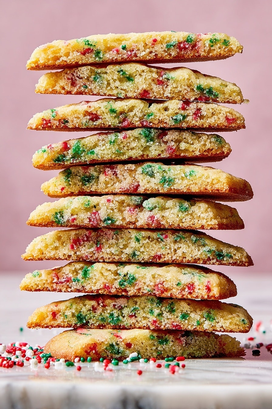 Five round cookies lie side by side on a white marbled surface. Each cookie is light golden brown with a slightly rough texture, and inside they have swirls of red, green, and white sprinkles giving a festive look. The edges of the cookies are a little darker and crisper, while the center looks soft with visible sugar crystals. A few red, green, and white sprinkles are scattered on the surface around the cookies. photo taken with an iphone --ar 2:3 --v 7 - Confetti Cookies Pan-Banging Technique, colorful sprinkle cookies, soft buttery birthday cookies, no-chill cookie recipe, fun baking hacks