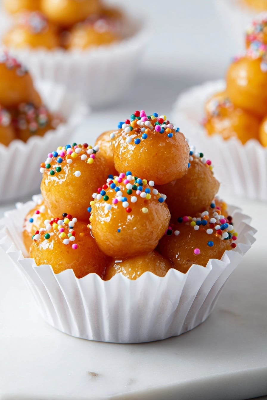 A close-up view of a stack of small, round golden balls covered in shiny syrup and topped with multicolored small round sprinkles, all placed inside a white pleated paper cup. The paper cup sits on a white marbled surface, with a blurred background featuring similar white paper cups holding the same sweet treats. The golden balls have a smooth, glossy texture and are closely packed, forming a small mound. photo taken with an iphone --ar 2:3 --v 7 - Easy Lemon Orange Struffoli, festive Lemon Orange dessert, citrus holiday treats, quick Italian sweets, crispy fried dough balls