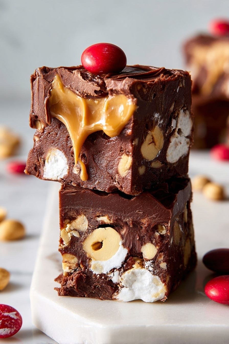 A close-up of a chocolate brownie cut into small squares, showing a thick, rich brown base with a soft texture. The top layer is decorated with scattered red candy-coated chocolates, white marshmallows, whole light brown peanuts, and pieces of milk chocolate with ridges. The brownies are arranged tightly next to each other, making a grid-like pattern. The background is a white marbled surface. photo taken with an iphone --ar 2:3 --v 7 - Reindeer Tracks Chocolate Fudge, holiday fudge recipes, festive chocolate fudge, easy Christmas fudge, no-bake holiday treats