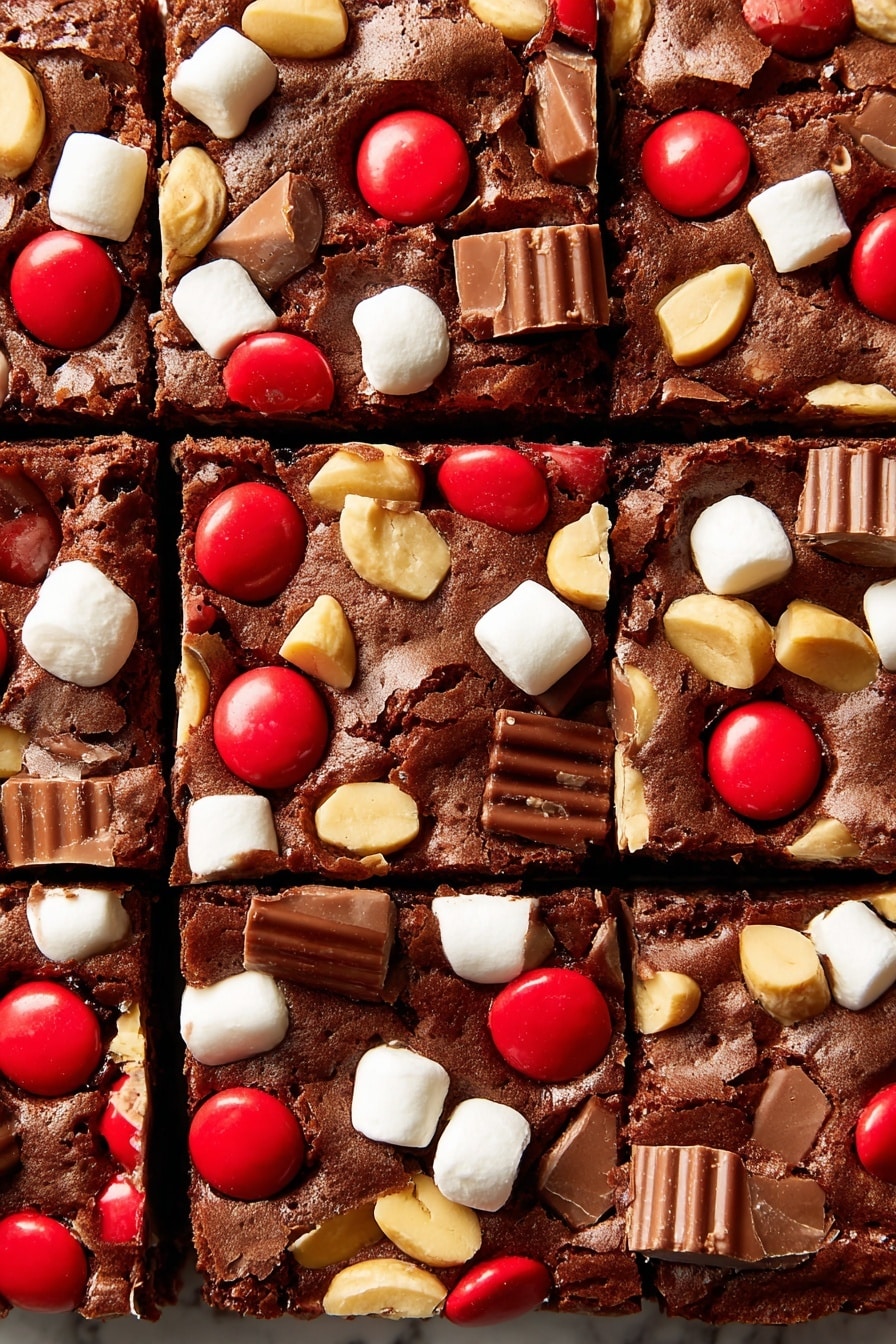 A pile of thick square chocolate fudge pieces filled with whole and halved nuts, white marshmallow chunks, and red candy-coated chocolates. Each piece has a rich dark brown color with visible textures from the nuts and marshmallows embedded inside. Some squares show a swirl of creamy peanut butter mixed with the chocolate. The fudge pieces are stacked in layers and arranged on a smooth white plate, placed on a white marbled texture surface with some nuts and red candies scattered around. Photo taken with an iphone --ar 2:3 --v 7 - Reindeer Tracks Chocolate Fudge, holiday fudge recipes, festive chocolate fudge, easy Christmas fudge, no-bake holiday treats