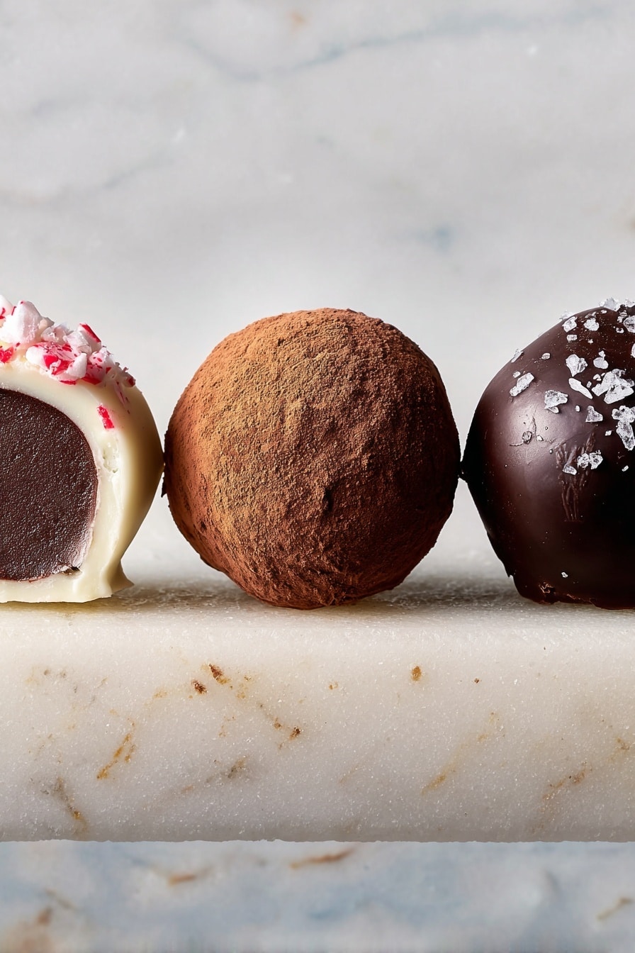 The image shows three rows of round truffles arranged neatly on a white marbled surface. The top row features smooth, shiny dark chocolate truffles with small pieces of sea salt on top, giving a slight sparkle. The middle row consists of white chocolate-covered truffles with crushed peppermint candy sprinkled over each one, adding red and white color contrast. The bottom row presents cocoa powder-dusted truffles, having a matte finish and a slightly rough texture. Each row has about seven truffles, all uniformly shaped and close to each other. photo taken with an iphone --ar 2:3 --v 7 - Chocolate Truffles, easy chocolate truffles, homemade chocolate truffles, gourmet chocolate treats, simple truffle recipe