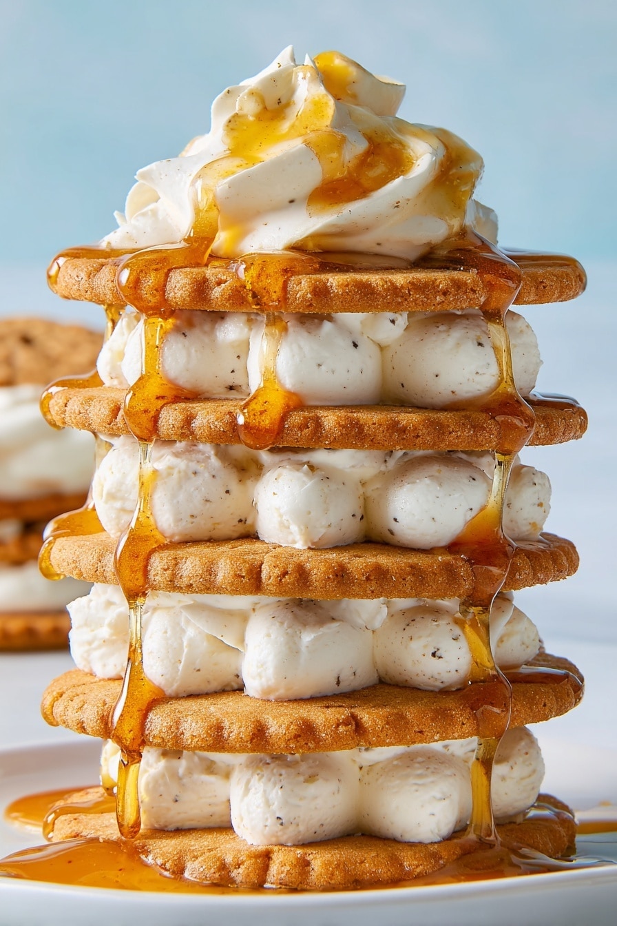 The image shows several small round flower-shaped cookies layered with white cream in the middle, and topped with dollops of white cream in different patterns. Each cookie has a light brown color and a soft texture, with caramel sauce drizzled over the top and around on a white marbled surface. The cookies are evenly spaced and look moist with a shiny caramel glaze giving them a sweet and rich appearance. photo taken with an iphone --ar 2:3 --v 7 - No-Bake Gingerbread Icebox Cake, gingerbread dessert, no-bake holiday cake, easy gingerbread treat, festive icebox dessert