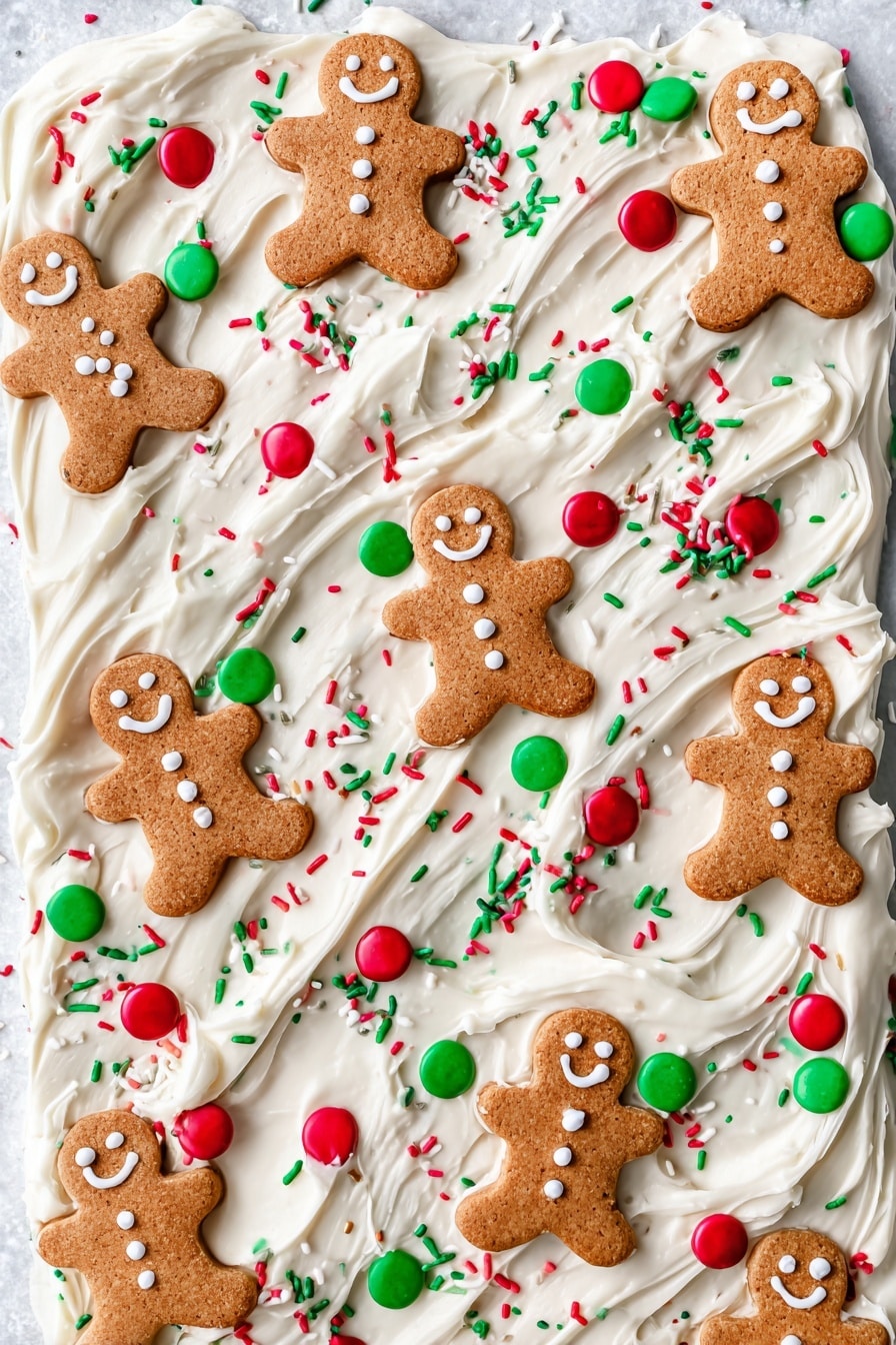 A stack of white creamy bark pieces with visible gingerbread cookie layers inside, topped with whole gingerbread man cookies that are light brown with white icing details. The white bark pieces have a smooth texture and are covered with colorful sprinkles in red, green, and white. A woman's hand is holding one piece above the stack. The entire scene is set on a white marbled surface with scattered sprinkles around. photo taken with an iphone --ar 2:3 --v 7 - Gingerbread Chocolate Bark, festive holiday treats, easy Christmas dessert, gingerbread candy, white chocolate bark