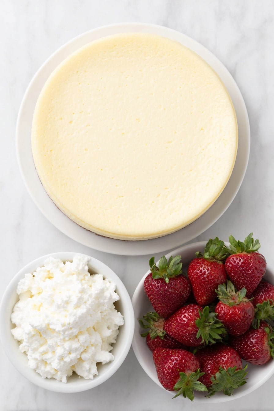 Flat lay of a whole plain cheesecake on a simple white ceramic plate, a small white bowl filled with fluffy whipped cream, a group of a dozen fresh whole strawberries with green leafy tops removed, all arranged symmetrically and balanced, placed on a clean white marble surface, soft natural light, photo taken with an iPhone, professional food photography style, fresh ingredients, white ceramic bowls, no bottles, no duplicates, no utensils, no packaging --ar 2:3 --v 7 --p m7354615311229779997 - Santa Hat Cheesecake Bites, festive cheesecake bites, holiday dessert recipes, no-bake Christmas treats, cute holiday dessert ideas