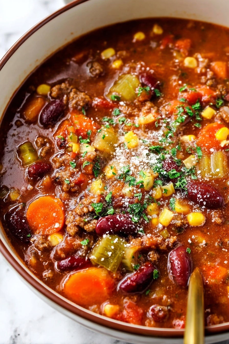 Two white bowls filled with thick chili soup sit on a white marbled surface. Each bowl shows three main layers: a reddish-brown soup base full of ground meat and beans at the bottom, a middle layer with bright orange carrot slices and yellow corn kernels, and a top sprinkled with chopped green herbs. Both bowls have gold spoons resting inside. Nearby, a small white bowl with blue patterns holds more chopped green herbs. Above, a white plate holds three pieces of bread with golden crusts. A gray checkered cloth under the bowls holds several spoons with gold and silver handles. photo taken with an iphone --ar 2:3 --v 7 - Italian Vegetable Soup, hearty vegetable soup, easy Italian soup, healthy vegetable soup, Italian-inspired stew