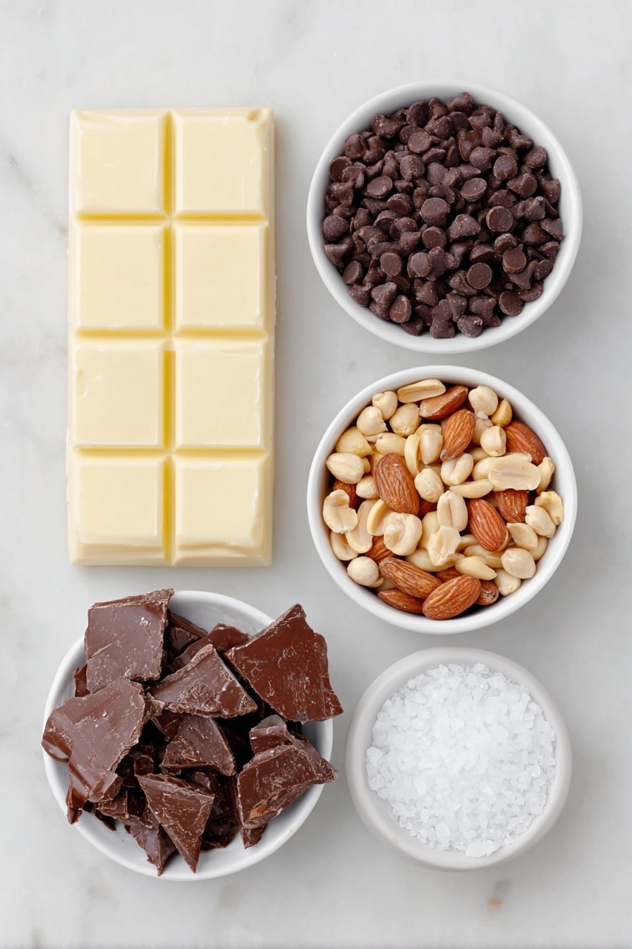 Flat lay of a large block of smooth white almond bark, a small white ceramic bowl filled with glossy semi-sweet chocolate chips, a few broken pieces of rich dark German sweet baking chocolate bar, a small white bowl overflowing with salted dry roasted peanuts, another small white bowl heaped with shiny cocktail peanuts, and a small white bowl containing coarse sea salt crystals, all arranged in perfect symmetry on a clean white marble surface, soft natural light, photo taken with an iPhone, professional food photography style, fresh ingredients, white ceramic bowls, no bottles, no duplicates, no utensils, no packaging --ar 2:3 --v 7 --p m7354615311229779997 - Crockpot Chocolate Peanut Clusters, easy slow cooker dessert, homemade chocolate nut candies, no-bake peanut chocolate treats, simple chocolate snack recipes