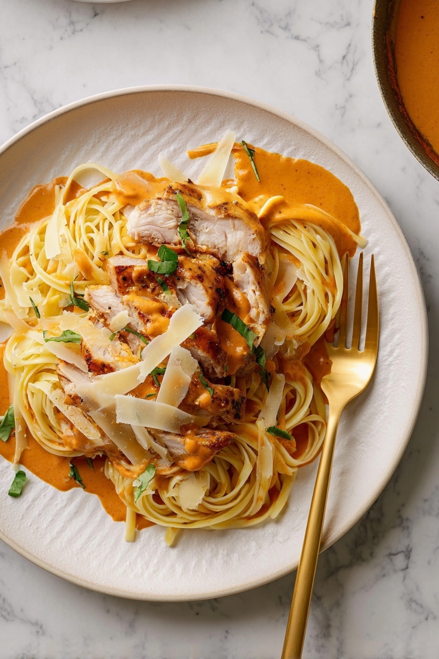 A white pot contains four cooked chicken pieces in a thick orange sauce. The chicken pieces are golden brown with a slightly crispy texture and are partly covered by the smooth, rich sauce. Fresh green basil leaves and thin, pale white cheese slices are scattered over the chicken and sauce, adding color contrast. A dark wooden spoon lifts one chicken piece, revealing the sauce underneath. The pot sits on a white marbled surface. Photo taken with an iphone --ar 2:3 --v 7 - Creamy Pumpkin Parmesan Chicken Skillet, pumpkin chicken skillet, creamy pumpkin chicken, pumpkin parm chicken, easy fall chicken recipes