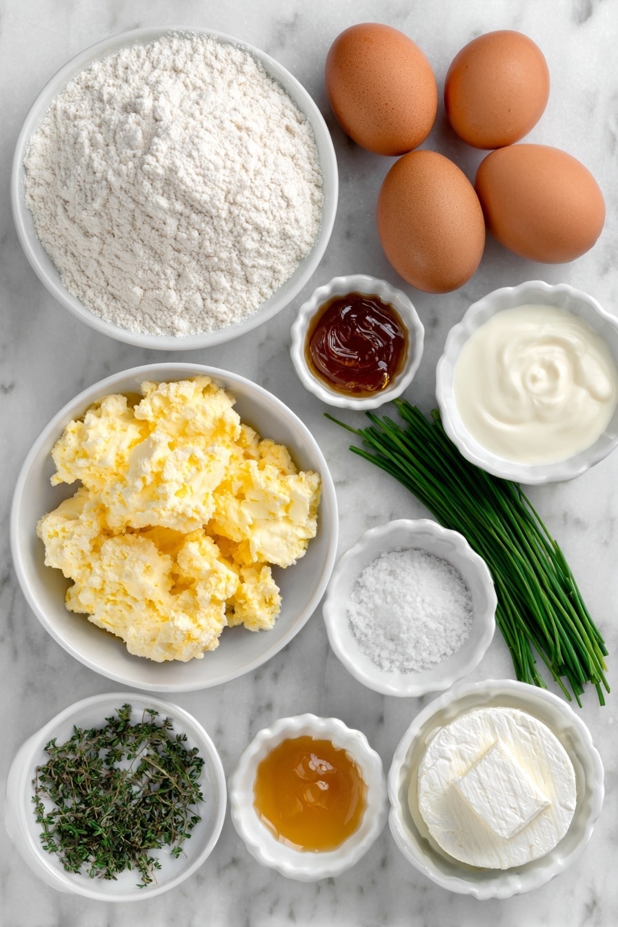 Flat lay of a small mound of all-purpose flour, two whole brown eggs with clean shells, a small white ceramic bowl of water, a small white ceramic bowl of heavy cream, a small white ceramic bowl of melted unsalted butter, a small white ceramic bowl of golden honey, a small white ceramic bowl with fresh rapid rise yeast granules, a small white ceramic bowl filled with coarse kosher salt, a round portion of soft white goat cheese, a small bunch of fresh green chives with a few sliced chives scattered beside them, fresh thyme sprigs alongside chopped thyme leaves in a small white bowl, and a small white ceramic bowl of flaky sea salt, all arranged symmetrically on a clean white marble surface, soft natural light, photo taken with an iPhone, professional food photography style, fresh ingredients, white ceramic bowls, no bottles, no duplicates, no utensils, no packaging --ar 2:3 --v 7 --p m7354615311229779997 - Goat Cheese Stuffed Rolls, goat cheese stuffed bread rolls, savory stuffed dinner rolls, herb-filled goat cheese rolls, easy goat cheese bread