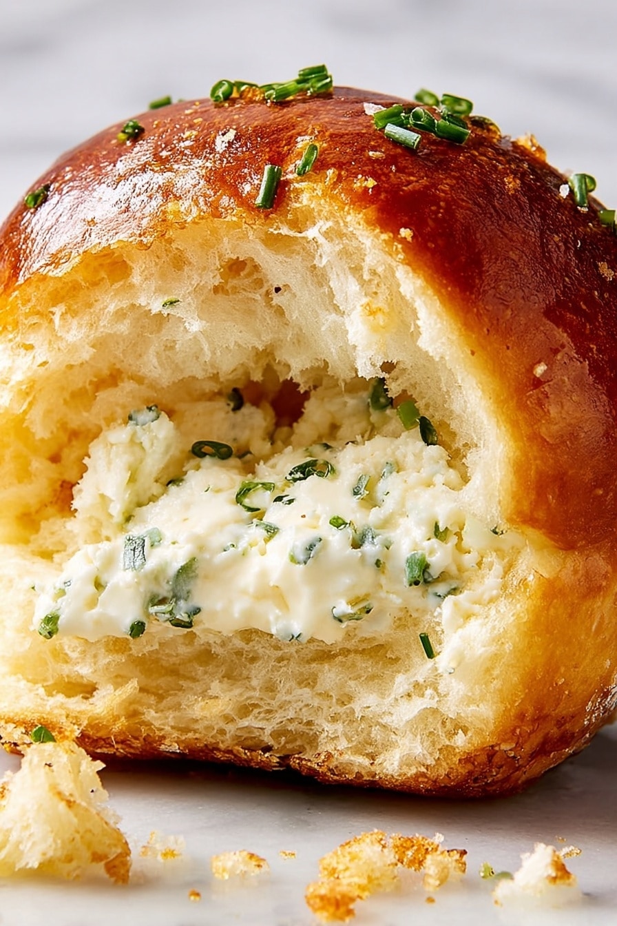 A close-up of golden brown dinner rolls baked together in a white tray; the rolls have a soft, shiny top sprinkled with coarse salt and small green herb pieces. One roll is pulled open, showing a fluffy, light yellow inside filled with creamy white cheese mixed with green herbs. The texture of the bread looks soft and pillowy, and the herbs add a fresh touch to the warm bread. The scene is set on a white marbled surface. photo taken with an iphone --ar 2:3 --v 7 - Goat Cheese Stuffed Rolls, goat cheese stuffed bread rolls, savory stuffed dinner rolls, herb-filled goat cheese rolls, easy goat cheese bread
