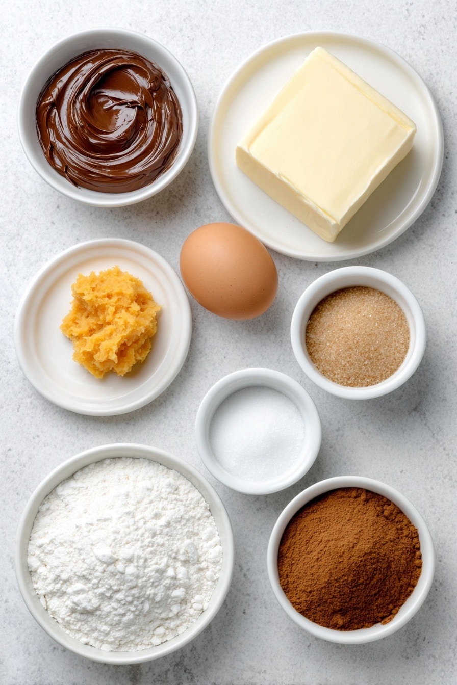 Flat lay of a small dollop of glossy dark brown Nutella spread on a simple white ceramic plate, a small mound of bright orange pumpkin puree on a white ceramic plate, a slab of pale yellow unsalted butter on a white ceramic dish, a small pile of light packed brown sugar on a white ceramic bowl, a small heap of fine white granulated sugar in a white ceramic bowl, one large whole egg with a smooth brown shell resting on a white ceramic plate, a small white bowl filled with ground warm brown cinnamon powder, a small white bowl with fine white all-purpose flour, a tiny white bowl with fine white baking powder, a tiny white bowl with fine white baking soda, and a small white bowl of clear vanilla extract liquid—all ingredients fresh and natural, arranged symmetrically in perfect proportions, photographed in a professional flat lay style with soft natural light, taken with an iPhone, placed on a clean white marble surface, soft natural light, photo taken with an iPhone, professional food photography style, fresh ingredients, white ceramic bowls, no bottles, no duplicates, no utensils, no packaging --ar 2:3 --v 7 --p m7354615311229779997 - Pumpkin Nutella Cookies, pumpkin cookies with Nutella, fall cookie recipes, easy pumpkin dessert, chocolate pumpkin cookies