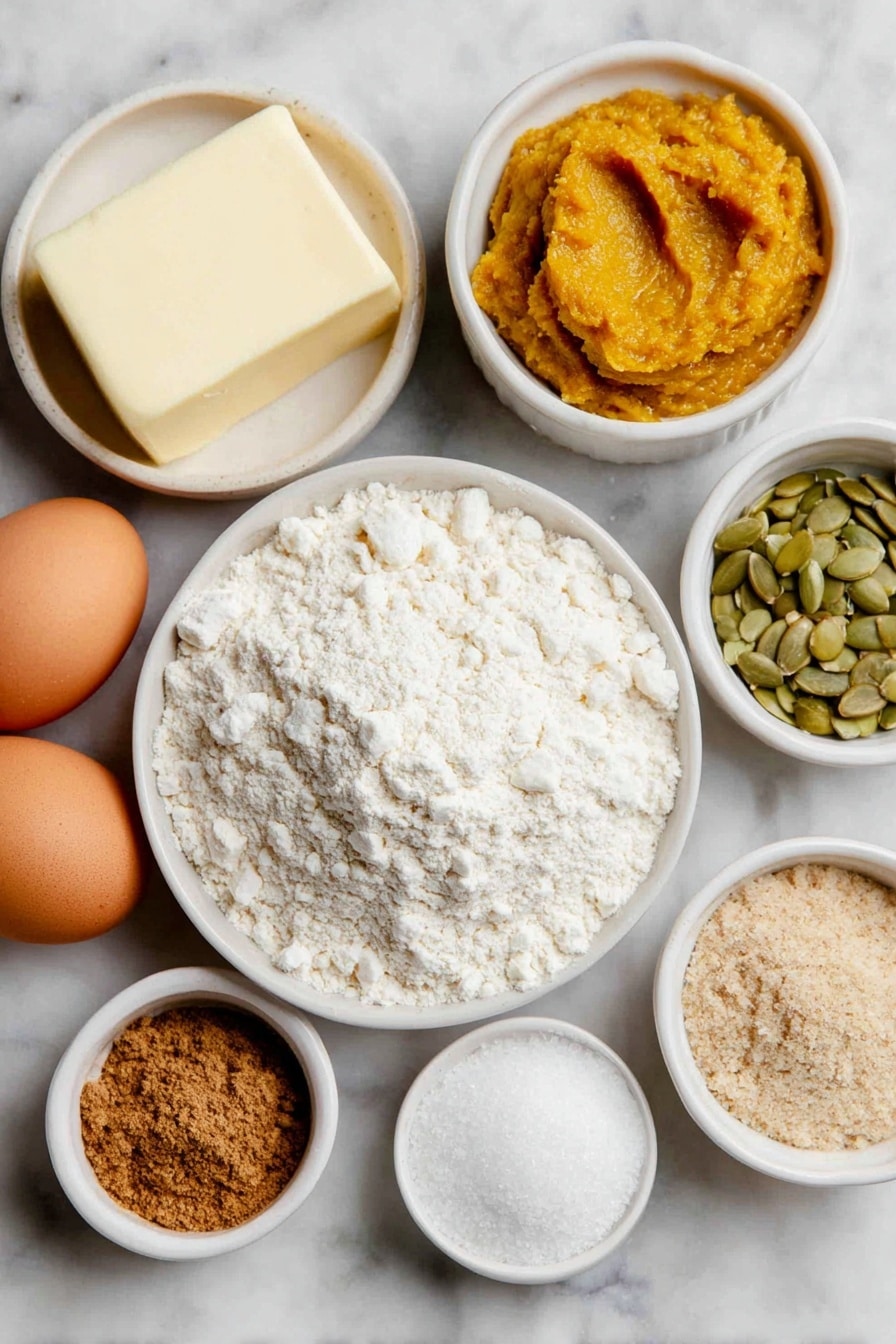Flat lay of a small mound of fine all-purpose flour, two brown eggs with smooth clean shells, a small white ceramic bowl of warm whole milk, a small white ceramic bowl containing bright orange pumpkin puree, a few whole green pumpkin seeds scattered neatly, a chunk of creamy pale yellow butter, a small white ceramic bowl filled with granular white sugar, a small white ceramic bowl of light brown active dry yeast granules, a small white ceramic bowl of fine white salt, a small white ceramic bowl holding cracked black peppercorns, a small white ceramic bowl with ground garlic powder, a small white ceramic bowl with warm brown cardamom powder placed symmetrically on a clean white marble surface, soft natural light, photo taken with an iPhone, professional food photography style, fresh ingredients, white ceramic bowls, no bottles, no duplicates, no utensils, no packaging --ar 2:3 --v 7 --p m7354615311229779997 - Pumpkin Dinner Rolls, pumpkin bread rolls, fall pumpkin bread, soft pumpkin rolls, holiday dinner rolls