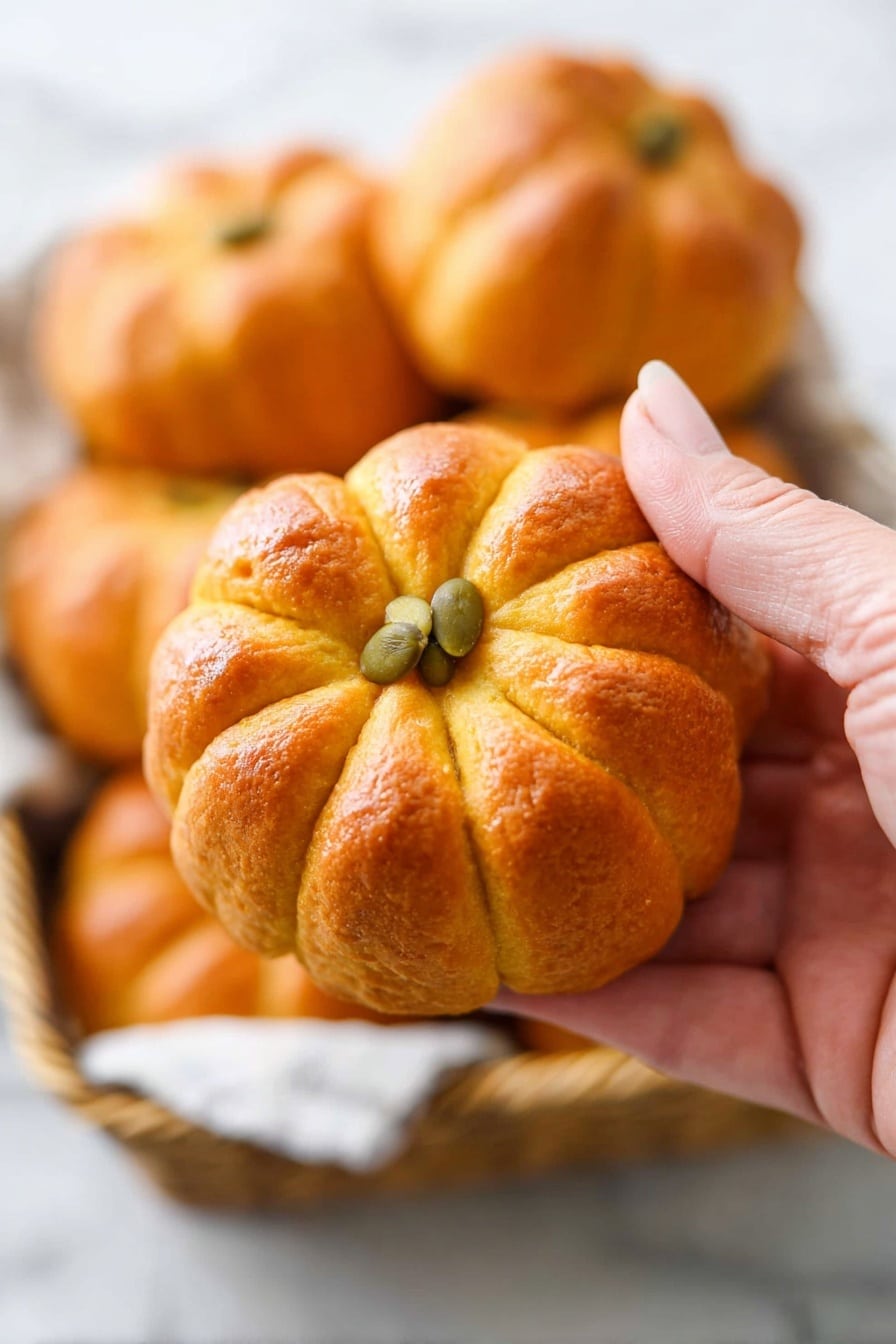 A close-up view of a small pumpkin-shaped bun held by a woman's hand. The bun is golden brown with clear ridges and indentations that create the pumpkin shape, topped with a small green pumpkin seed in the center. Behind, there is a basket filled with more similar pumpkin buns, set on a white marbled surface with a blurred background. The light highlights the soft texture and warm color of the buns. photo taken with an iphone --ar 2:3 --v 7 - Pumpkin Dinner Rolls, pumpkin bread rolls, fall pumpkin bread, soft pumpkin rolls, holiday dinner rolls