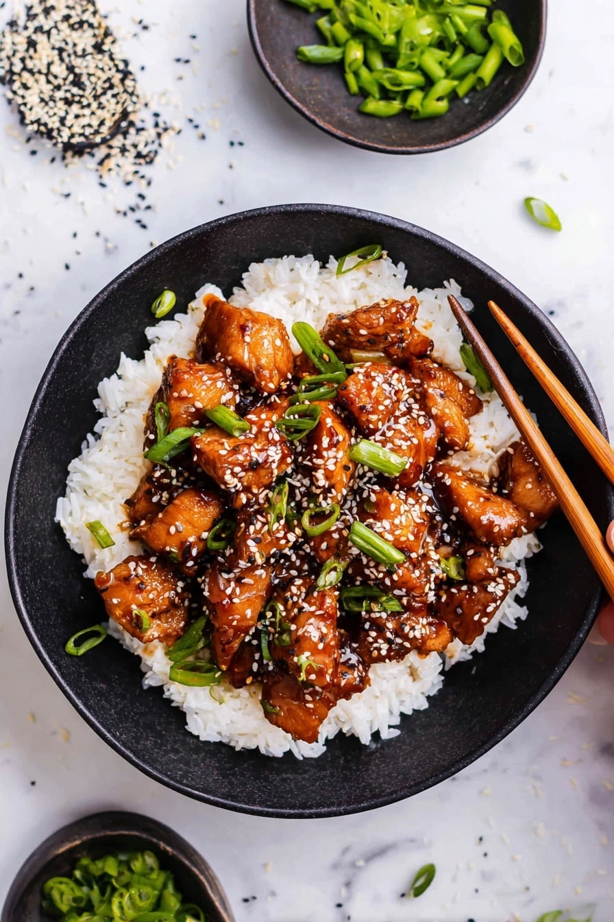 A black bowl holds a layer of white rice at the bottom, topped with thick pieces of shiny, brown glazed chicken scattered evenly. Green chopped scallions are sprinkled on top, adding bright green color. White and black sesame seeds are spread over the chicken and rice, creating a textured look. A woman's hand is using wooden chopsticks to pick up one piece of chicken. The bowl is on a white marbled surface with small bowls of chopped scallions and sesame seeds nearby, and some scattered sesame seeds add a casual feel. Photo taken with an iphone --ar 2:3 --v 7 - Slow Cooker General Tso’s Chicken, Chinese chicken recipes, easy slow cooker dinner, homemade General Tso’s chicken, family-friendly Chinese dishes