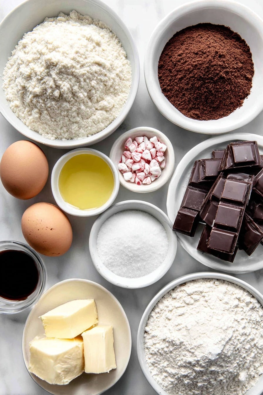 Flat lay of a small white ceramic bowl of neutral oil, a small white ceramic bowl of granulated sugar, a small white ceramic bowl of cocoa powder, two whole brown eggs with clean shells, a small white ceramic bowl of vanilla extract, a small white ceramic bowl of baking powder, a small white ceramic bowl of salt, a simple mound of all-purpose flour on white ceramic plate, a small white ceramic bowl of powdered sugar, a small white ceramic bowl of softened butter, a small white ceramic bowl of milk or cream, a small white ceramic bowl of crushed peppermint candies, and a small white ceramic bowl with a few drops of red food coloring placed symmetrically on a clean white marble surface, soft natural light, photo taken with an iPhone, professional food photography style, fresh ingredients, white ceramic bowls, no bottles, no duplicates, no utensils, no packaging --ar 2:3 --v 7 --p m7354615311229779997 - Chocolate Peppermint Crinkle Cookies, festive holiday cookies, peppermint chocolate cookies, crackled cookie recipe, easy holiday treats