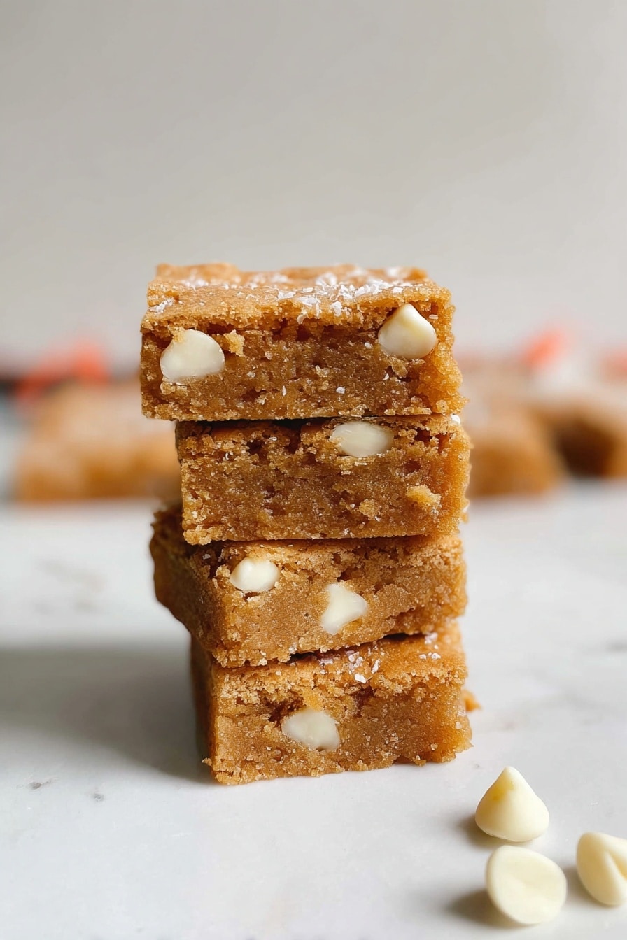 A square tray of light brown baked bars, cut into smaller square pieces, with one piece lifted to show its inside. The bars have a slightly cracked, soft-top surface dusted with fine sugar or spice. Inside, the texture is moist and shows white pieces that look like nuts. The tray is on a white marbled surface with soft natural light. photo taken with an iphone --ar 2:3 --v 7 - Gingerbread Blondies with White Chocolate, gingerbread blondies, white chocolate blondies, holiday blondie recipe, spiced dessert blondies