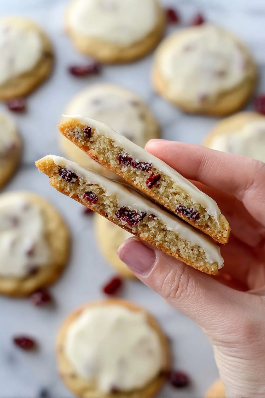 Three round cookies sit on a baking tray lined with white parchment paper. Each cookie is light golden brown with a soft texture, dotted with dark red pieces of fruit inside. The top of each cookie is coated with a thin layer of shiny white icing that softly covers the fruit bits. One bright red whole fruit lies directly on the parchment near the upper cookie. The baking tray is old and dark brown with visible scratches. Some small green sprigs are placed on the white marbled surface under the tray on the right side. Photo taken with an iphone --ar 2:3 --v 7 - Lemon Cranberry Cookies, lemon cranberry cookie recipe, tart and sweet cookies, easy lemon cookie recipes, fruity holiday cookies