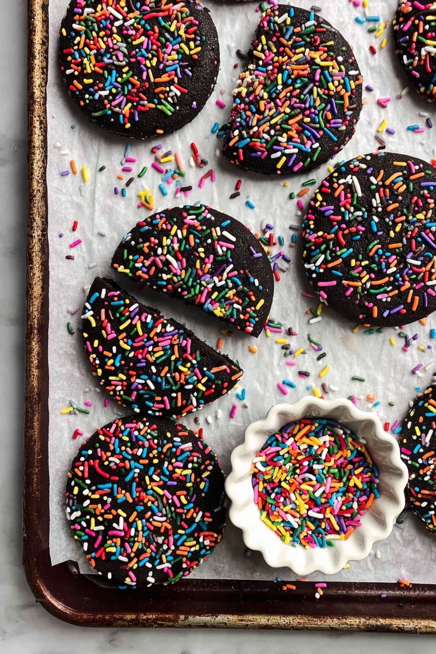 The image shows several round dark chocolate cookies covered with bright, colorful sprinkles on top. Most cookies are whole, while one cookie is broken into two halves near the center. The cookies rest on a white marbled surface inside a metal baking tray with a dark brown edge. A small white fluted bowl filled with similar colorful sprinkles is also visible near the broken cookie, with a few loose sprinkles scattered around on the surface. Photo taken with an iphone --ar 2:3 --v 7 - Chocolate Sprinkle Cookies, colorful chocolate cookies, fun cookies with sprinkles, easy chocolate cookies, festive sprinkle cookies