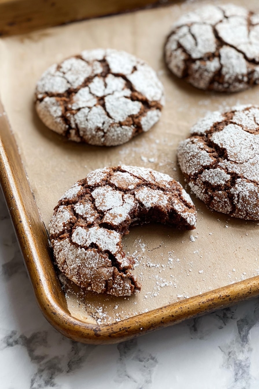 The image shows four round chocolate cookies on a light brown baking tray lined with parchment paper. Each cookie has a cracked surface dusted with white powdered sugar, creating a rough yet soft texture. One cookie, located near the center, has a bite taken out of it, revealing a moist, dense chocolate inside. The tray rests on a white marbled surface. photo taken with an iphone --ar 2:3 --v 7 - Molasses Crinkle Cookies, chewy molasses cookies, spiced cookie recipe, crackle sugar cookies, easy holiday cookies