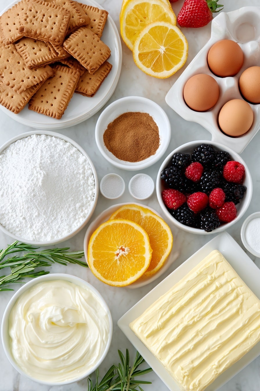 Flat lay of a roughly broken pile of plain Biscoff biscuits, a small white ceramic bowl with melted unsalted butter, a white ceramic bowl containing cinnamon powder, a small white bowl of brown sugar, a pinch of salt in a tiny white dish, unflavored powdered gelatin powder spread thin on a plain white ceramic plate, a small white bowl with cold tap water, a large block of softened cream cheese, a small white bowl of superfine caster sugar, a small white bowl holding vanilla extract, a small white bowl with fresh lemon juice, a large white ceramic bowl of thickened cold heavy cream, whole uncracked brown eggs with clean shells, fresh strawberries halved, fresh blackberries and raspberries, fresh cherries with stems, several fresh rosemary sprigs, thin orange slices cut into half moons on a white ceramic plate, and a small white ceramic bowl with sifted icing sugar, all arranged in perfect symmetry placed on a clean white marble surface, soft natural light, photo taken with an iPhone, professional food photography style, fresh ingredients, white ceramic bowls, no bottles, no duplicates, no utensils, no packaging --ar 2:3 --v 7 --p m7354615311229779997 - Christmas No-Bake Cheesecake Slab, easy holiday cheesecake, festive no-bake dessert, Christmas dessert ideas, creamy cheesecake with berries